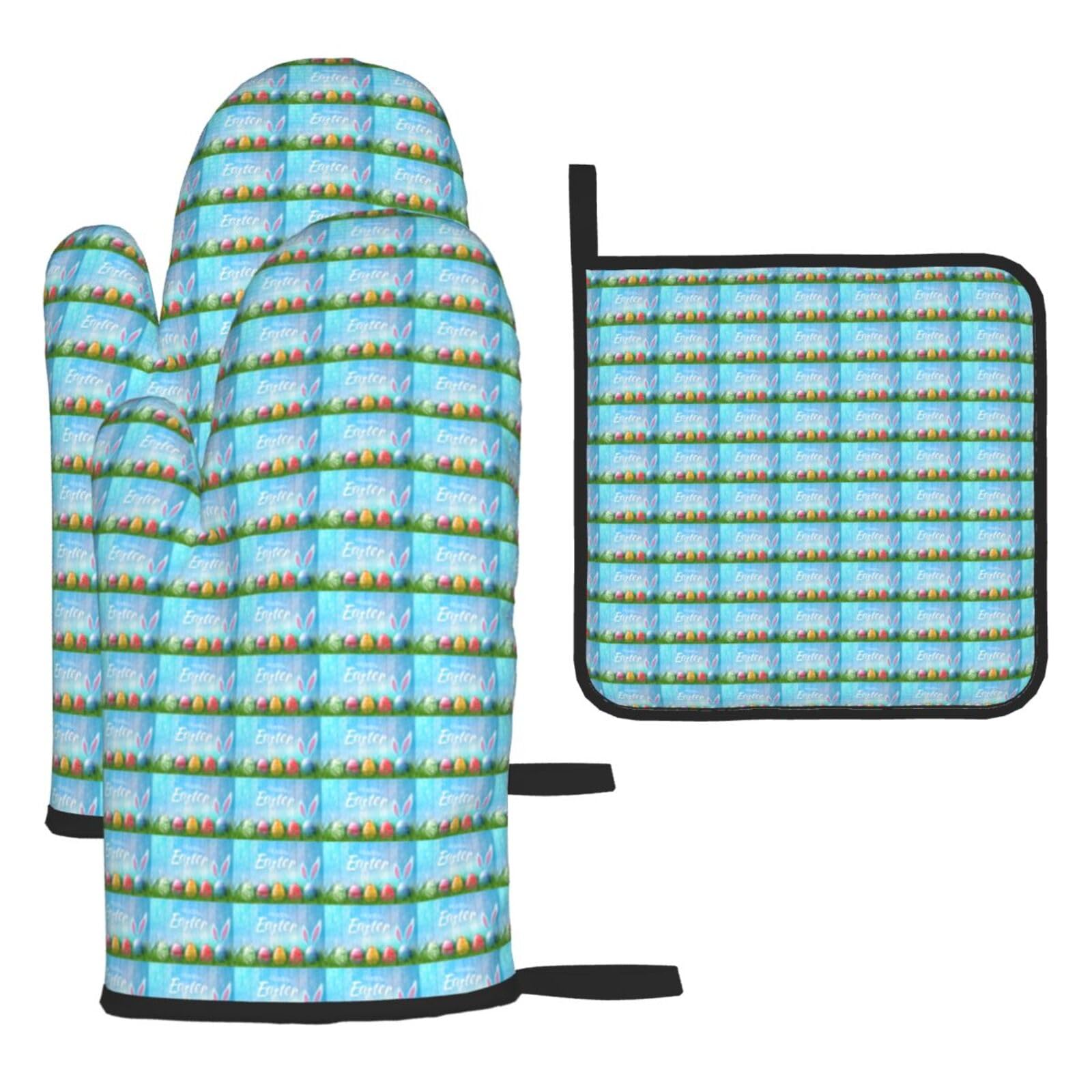 Easter Egg Bunny Grass Wooden Print Oven Set Kitchen Gloves Baking Grilling Microwaving Cooking Gift Everyday Holiday