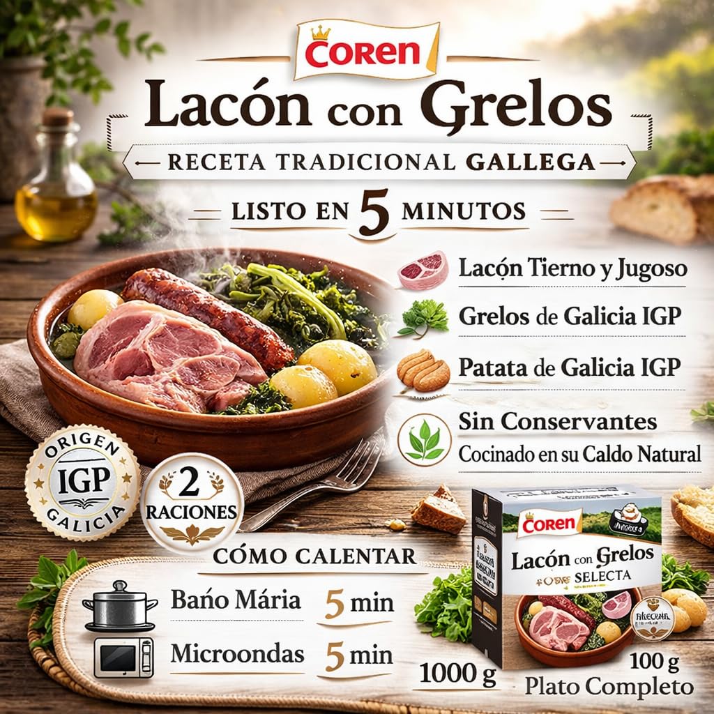 Lacón con Grelos en Conserva 1 kg Plato Tradicional Gallego Listo para Calentar Receta Auténtica Sin Gluten Carne de Cerdo y Patata Gallega