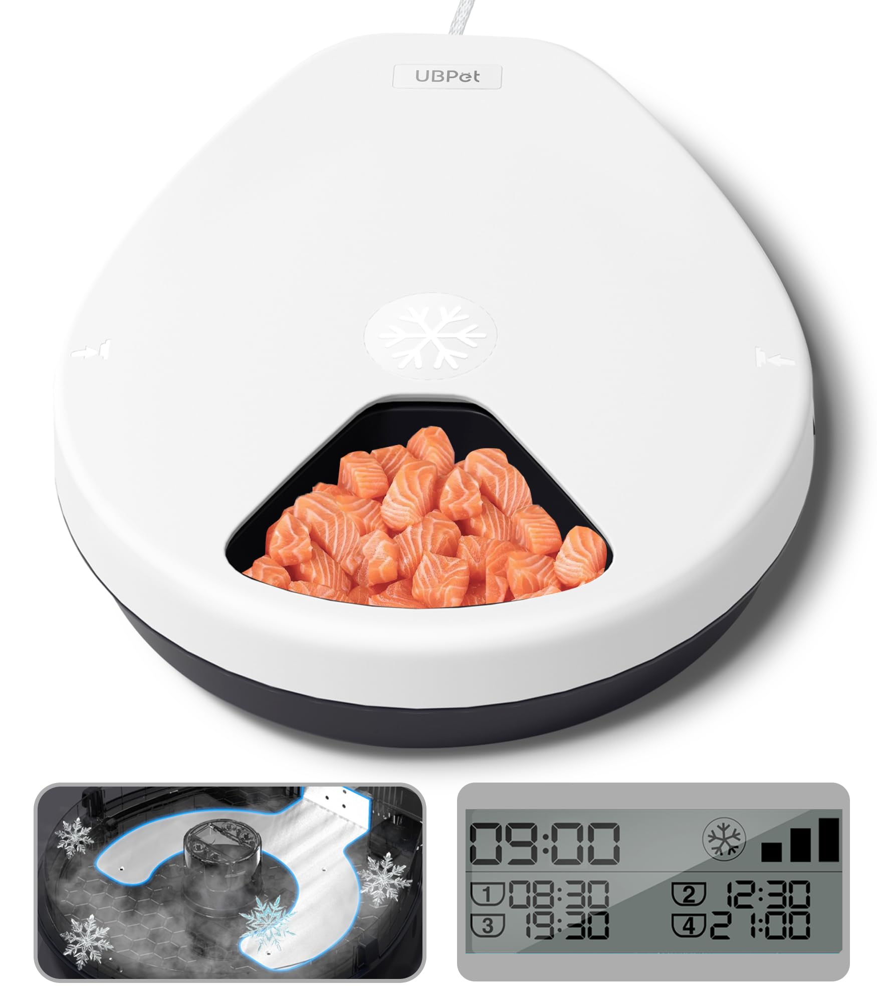 UBPET - Comedero automático para gatos, comida húmeda con refrigeración, tecnología de refrigeración semiconductora, función de temporización, 5 compartimentos para alimentos para mascotas de 330 g
