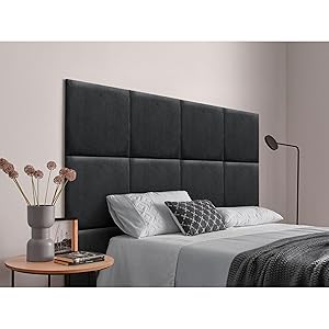 DHOME Cabecero Tapizado Compuesto de Paneles Autoadhesivos Intercambiables de Tela Aqualine Cama Lujo Dormitorio Acolchado (Negro, 95cm)
