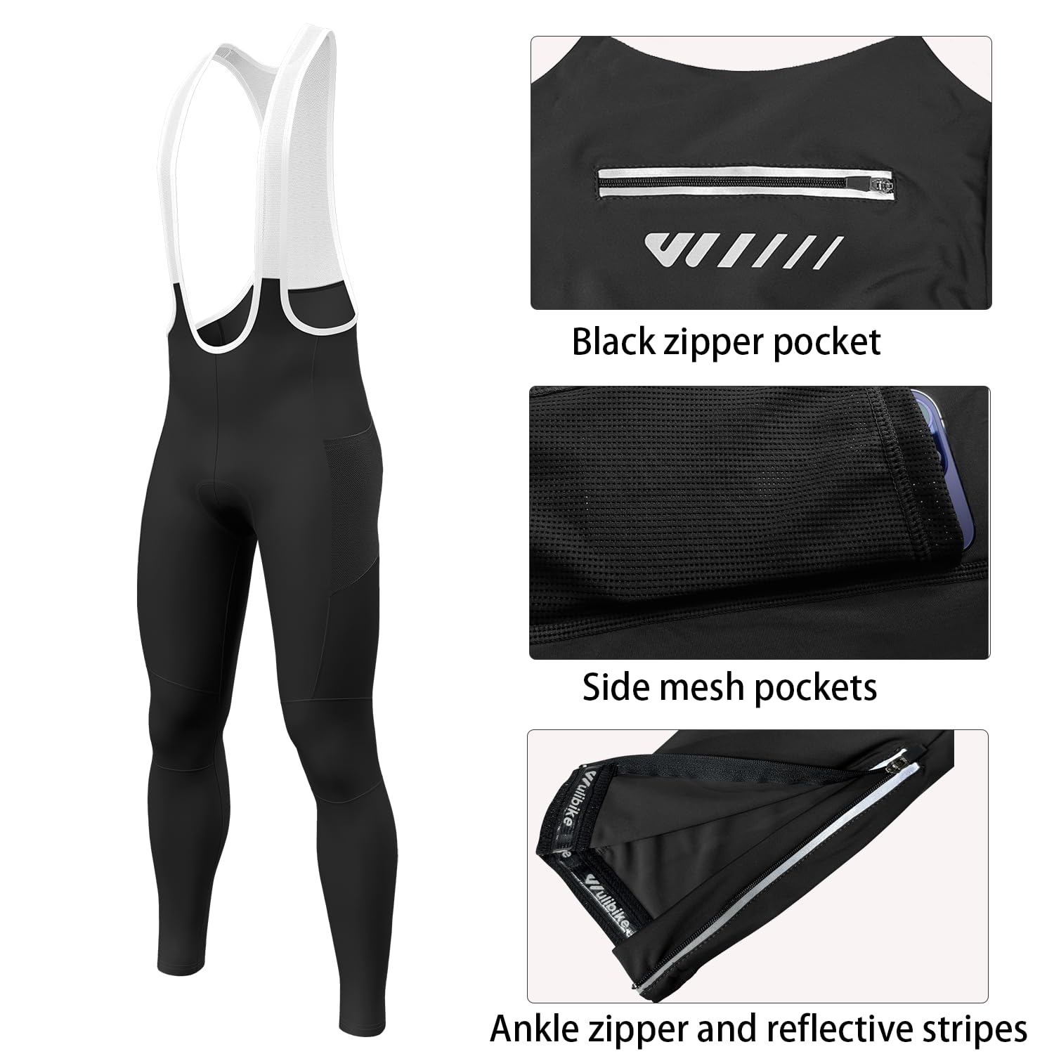 Log.as Pantalones largos de ciclismo para hombre, acolchados, con tirantes, para invierno, elásticos, resistentes al viento, transpirables, de secado rápido, con bolsillos