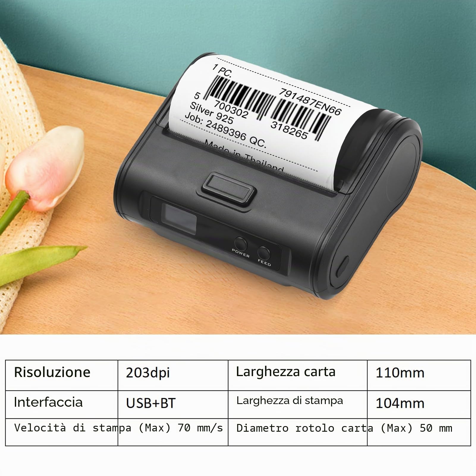 Stampante termica wireless per ricevute Stampante portatile portatile da 4 pollici 110 mm 203 dpi Stampa nitida Connessione BT+USB per il mercato delle piccole imprese Alimentari Supporta carta