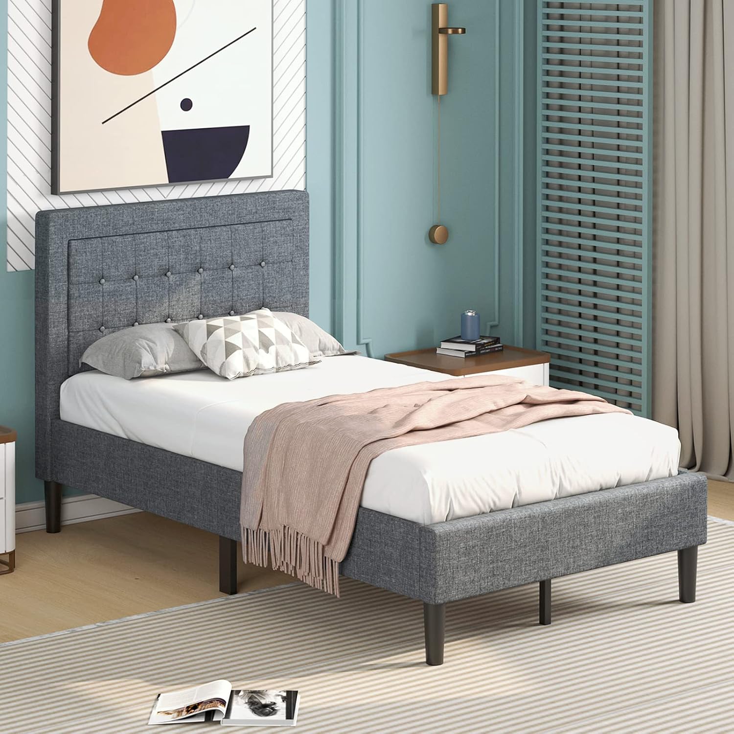 KOTEK Upholstered Bed Frame Twin Size, Modern Platform Bed with Button-Tufted Headboard, Strong Wooden Slats, No Box Spring Needed, Mattress Foundation, Grey