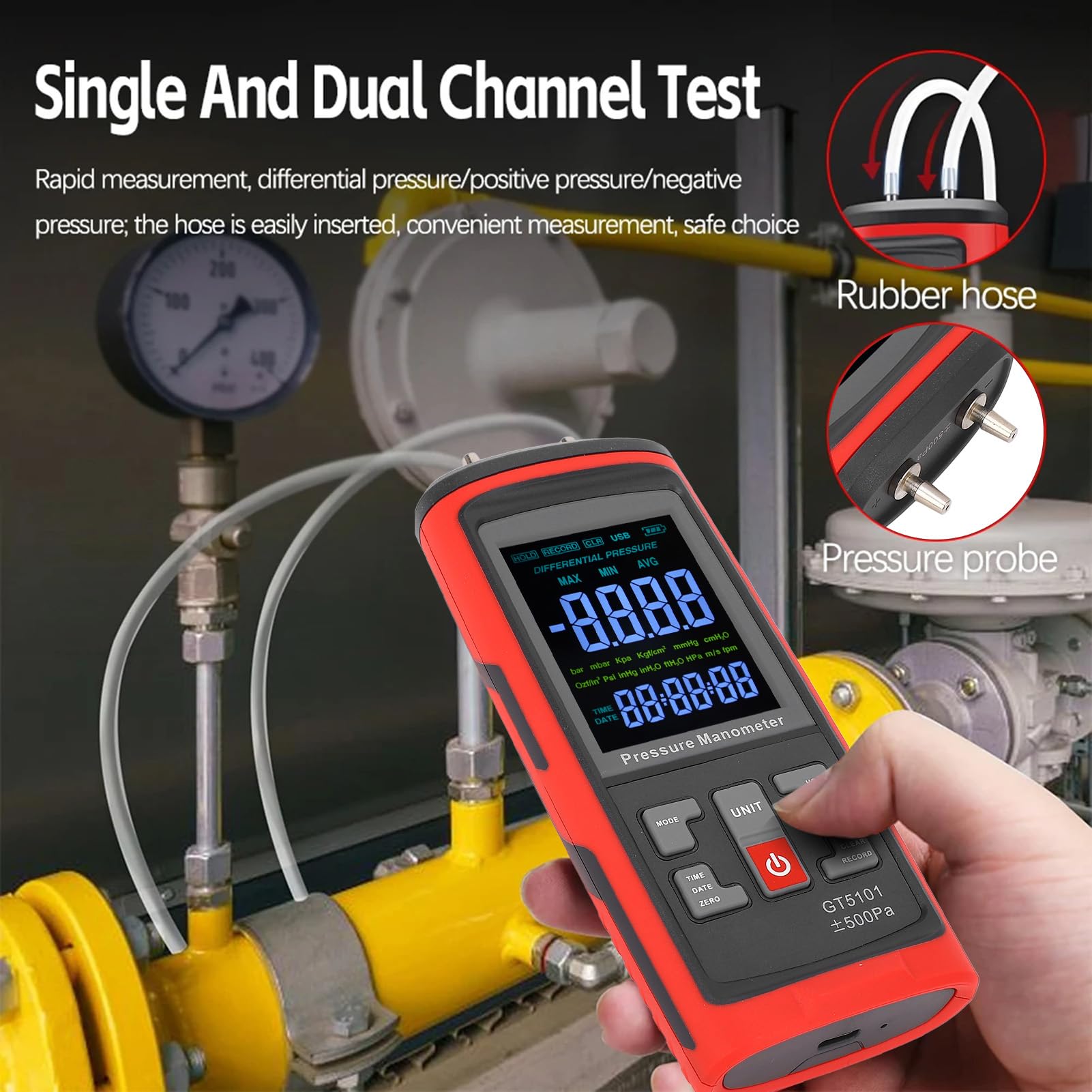 ViaGasaFamido Manómetro Digital, Probador Profesional de Presión de Gas HVAC de Doble Puerto con Manómetro Diferencial y Pantalla LCD Retroiluminada, para Medición y Calibración de Gas