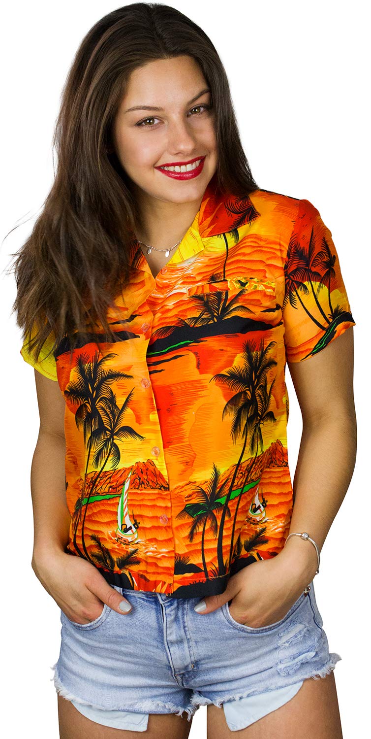King Kameha Funky Hawaiian Blouse Shirt, Shortsleeve, Print Surf, Orange, L