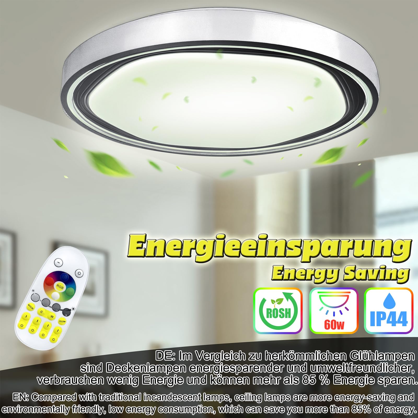 LARS360 Plafoniera a LED Dimmerabile RGB Cambio Colore 60W Lampada da Soffitto Lampada da Parete con Telecomando IP44 Impermeabile per Soggiorno Camera da Letto Ufficio Cucina Ingresso