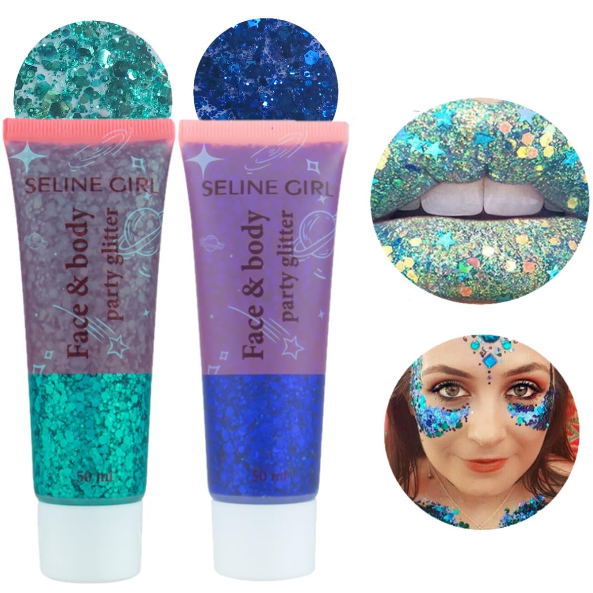 KARLOR Gel de purpurina para la cara, 50 ml x 2, gel de purpurina para festivales (azul y verde)
