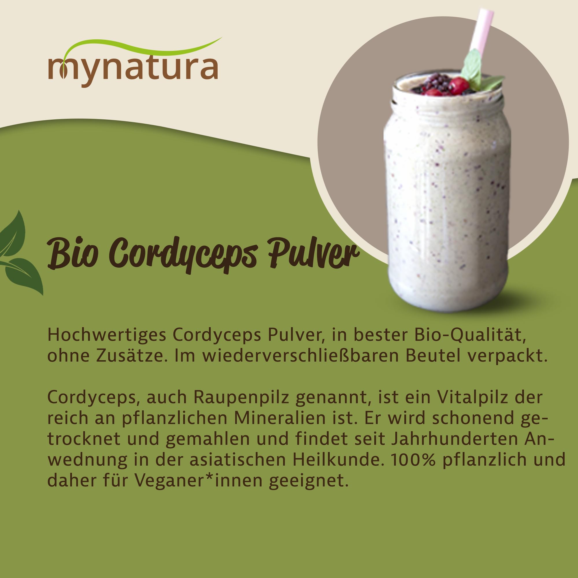 mynatura Bio Cordyceps Pulver 200g | Raupenpilz gemahlen | Vitalpilz aus kontrolliertem Anbau | Hochwertig & proteinreich | 100% Vegan & Glutenfrei | DE-ÖKO-044 (1 x 200g)