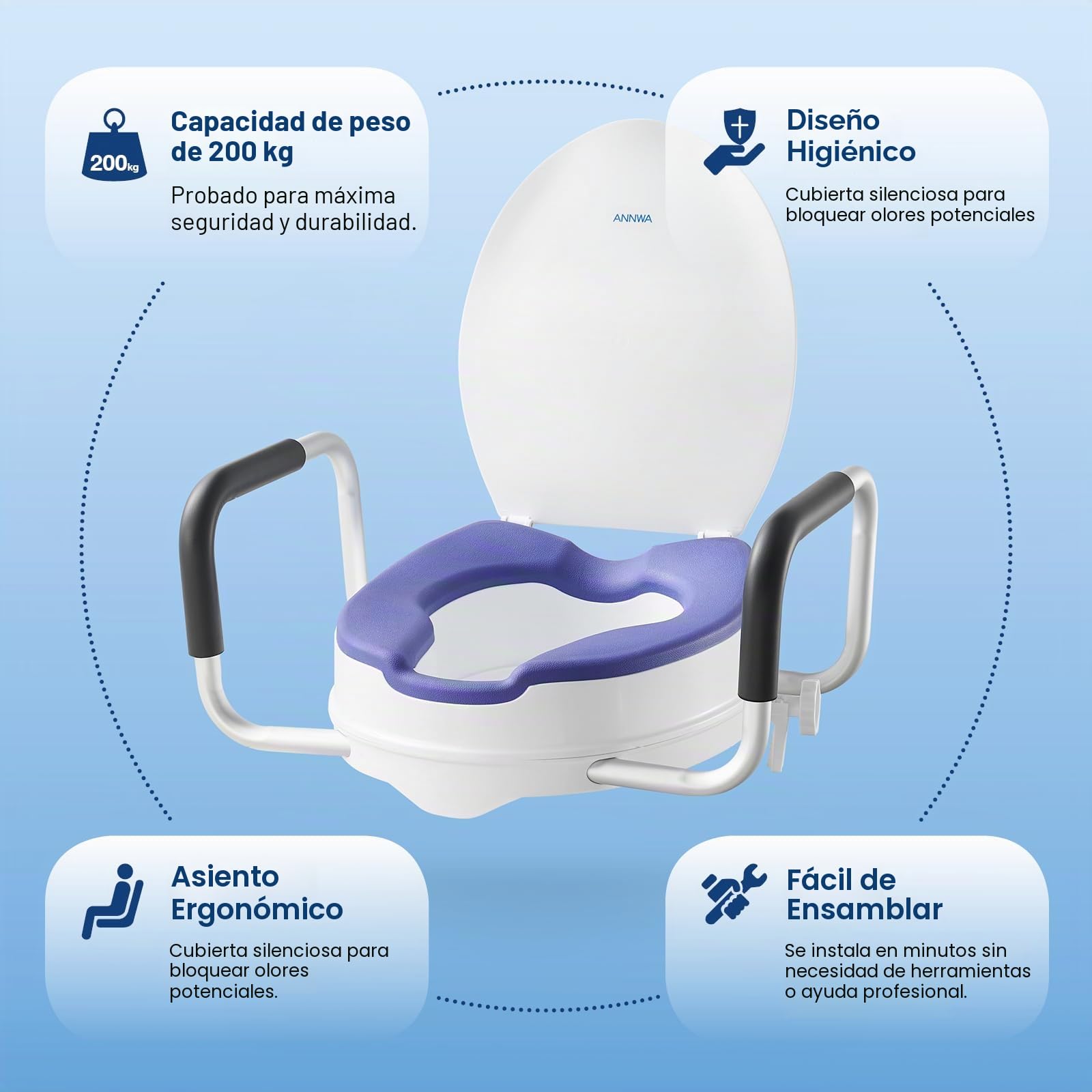 Elevador WC Adulto con Reposabrazos Acolchados, Altura 10 cm, Adaptador WC Adultos con Alta Capacidad hasta 190 kg, Compatible con Inodoros en Forma O y U, para Personas Mayores y Postoperatorio