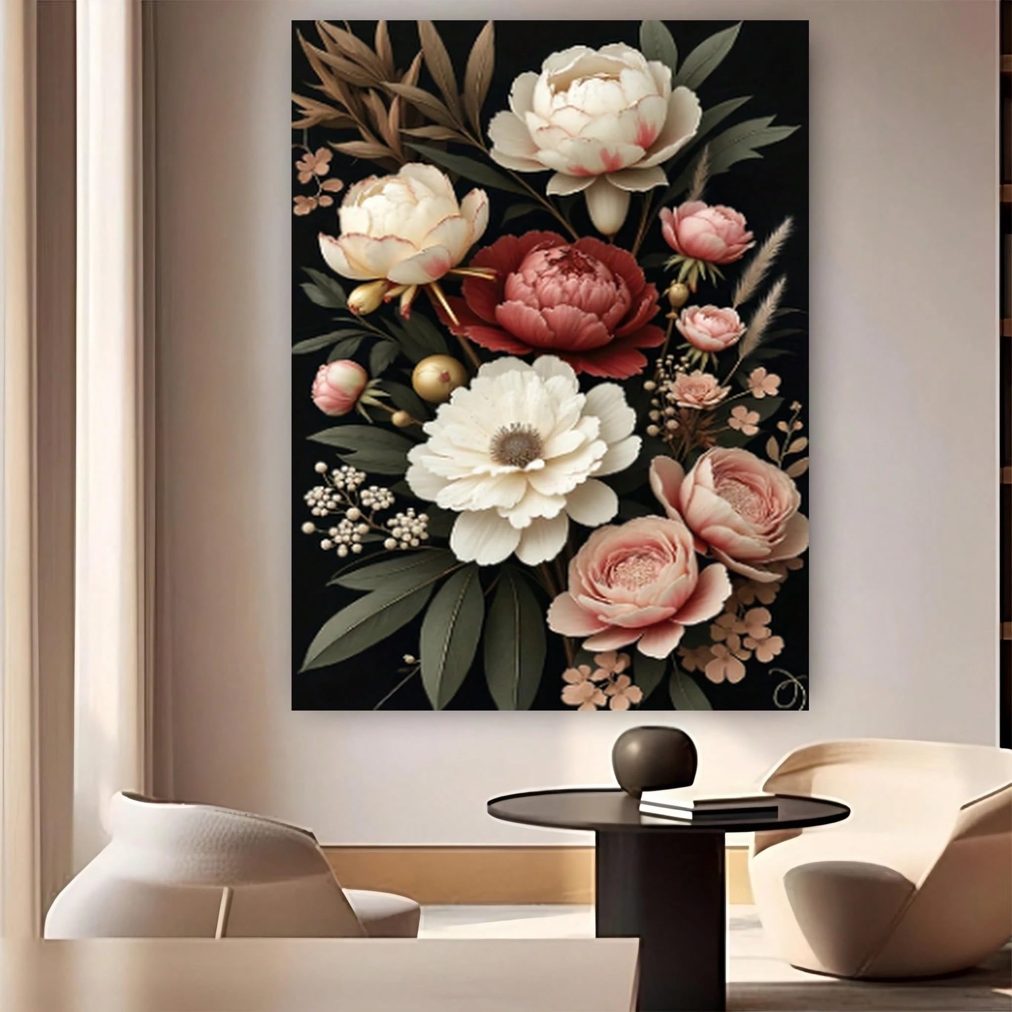 SPXLUCAW 1pc Canvas Wall Art, Pink and White Flowers Against a Black Background, for Living Room, Bedroom, Office(30x40cm/No frame)