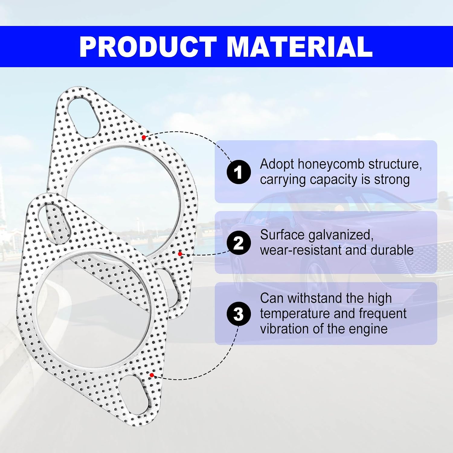 2 PCS Car Exhaust Gaskets, 2.5" 2-Bolt Exhaust Pipe Connector Gasket, Stainless Steel High-Temp Resistant Exhaust Gasket Replacement, Universal for Most Cars (Silver)