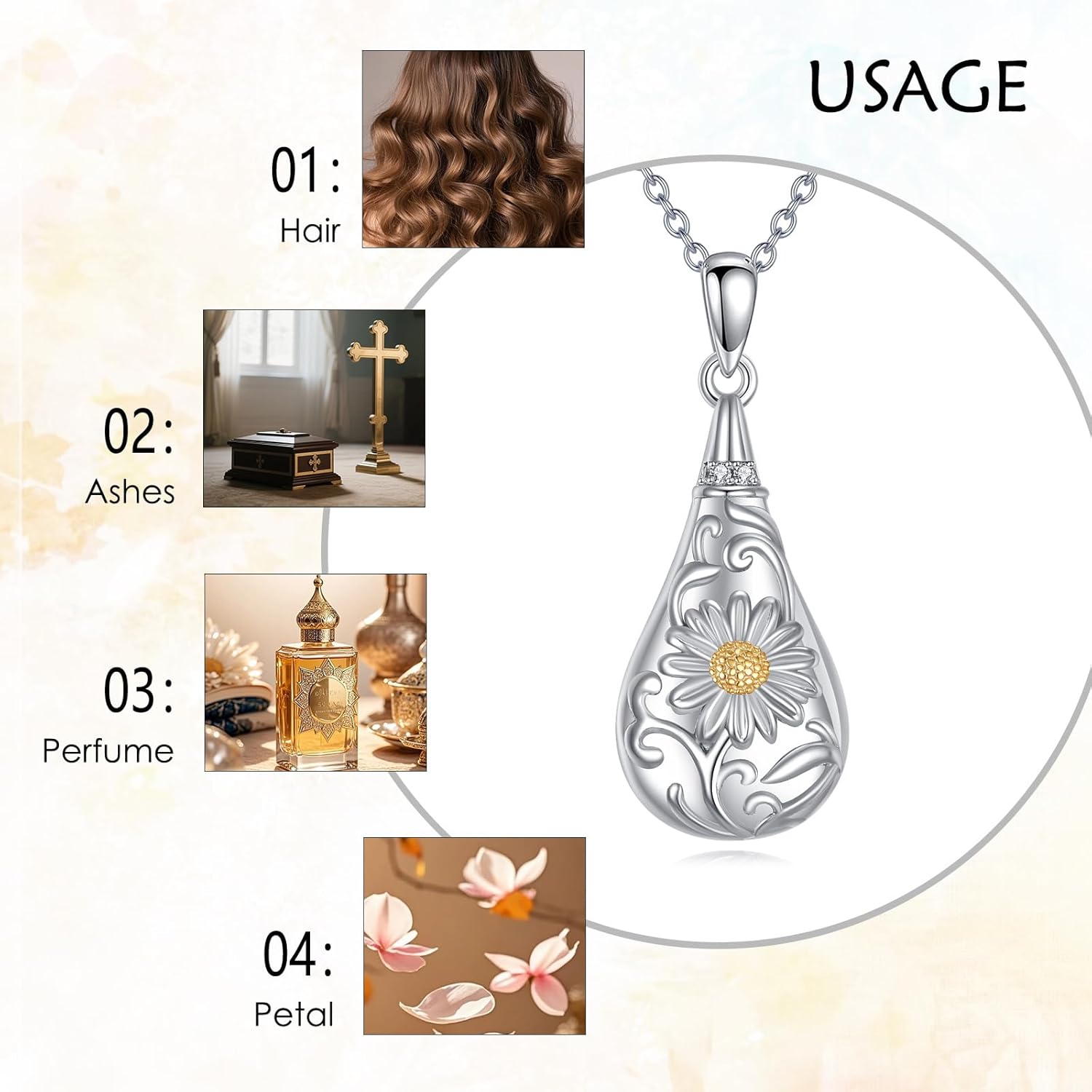 Daisy Urn Necklaces for Ashes Sterling Silver Teardrop Cremation Jewelry for Ashes Memory Jewelry for Women Men