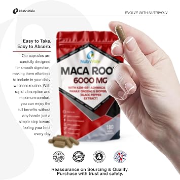 Maca Root 6000mg Complex | 180 Vegan Capsules (90 Day Supply) | with KSM-66® Ashwagandha, Panax Ginseng & BioPerine® | Energy, Stamina, Vitality, Performance, Hormone & Stress Support | by NutriVolv