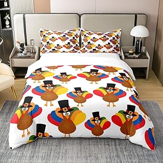Thanksgiving Turkey 100% Cotton Duvet Cover Queen,Funny Cartoon Turkey Bedding for Kids Boys Girls,Autumn Harvest Season Comforter Cover,Rainbow Chick Poultry Birds Quilt Cover with 2 Pillow Cases