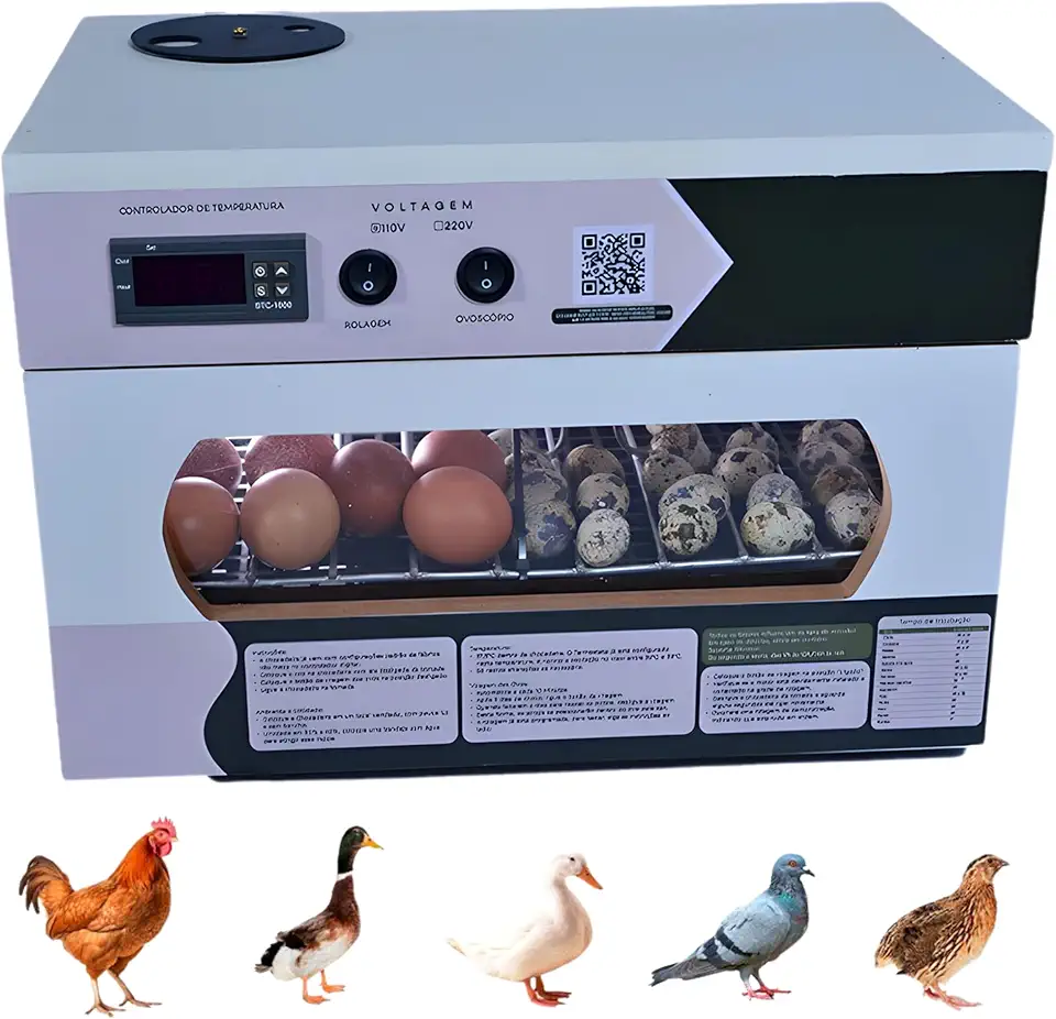 Chocadeira Automática 35 a 45 Ovos, Incubadora Digital com Ovoscópio, Controle por APP, para Galinha e Codorna