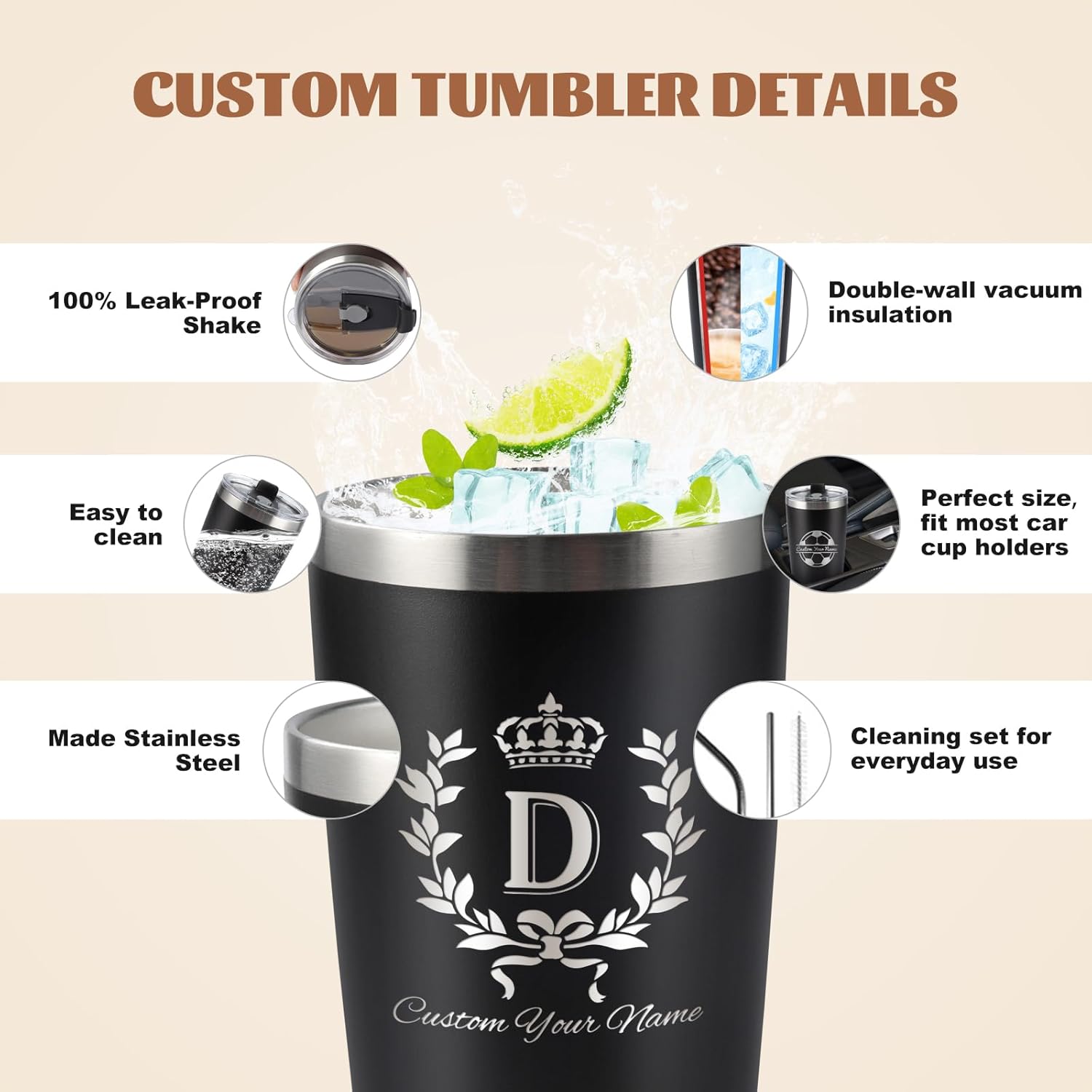 Personalized Engraved Tumbler with Name, 20OZ Custom Monogrammed Tumbler Letters A-Z, Customized Double Wall Insulated Travel Coffee Mug Cup, Christmas Gifts for Women(20OZ Name Version) - Image 2