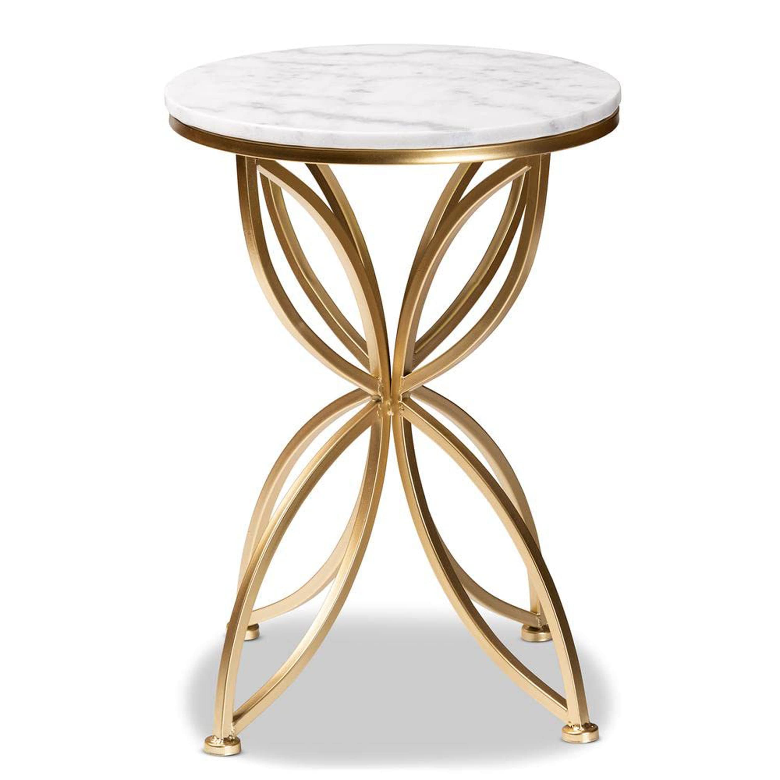 AAFIYA HANDICRAFTS® Elegant Round Side Table with White Marble Design Top and Gold Petal Design Metal Base Luxurious Accent Table for Living Roomn Bedroom or Office Decor (Gold & White)