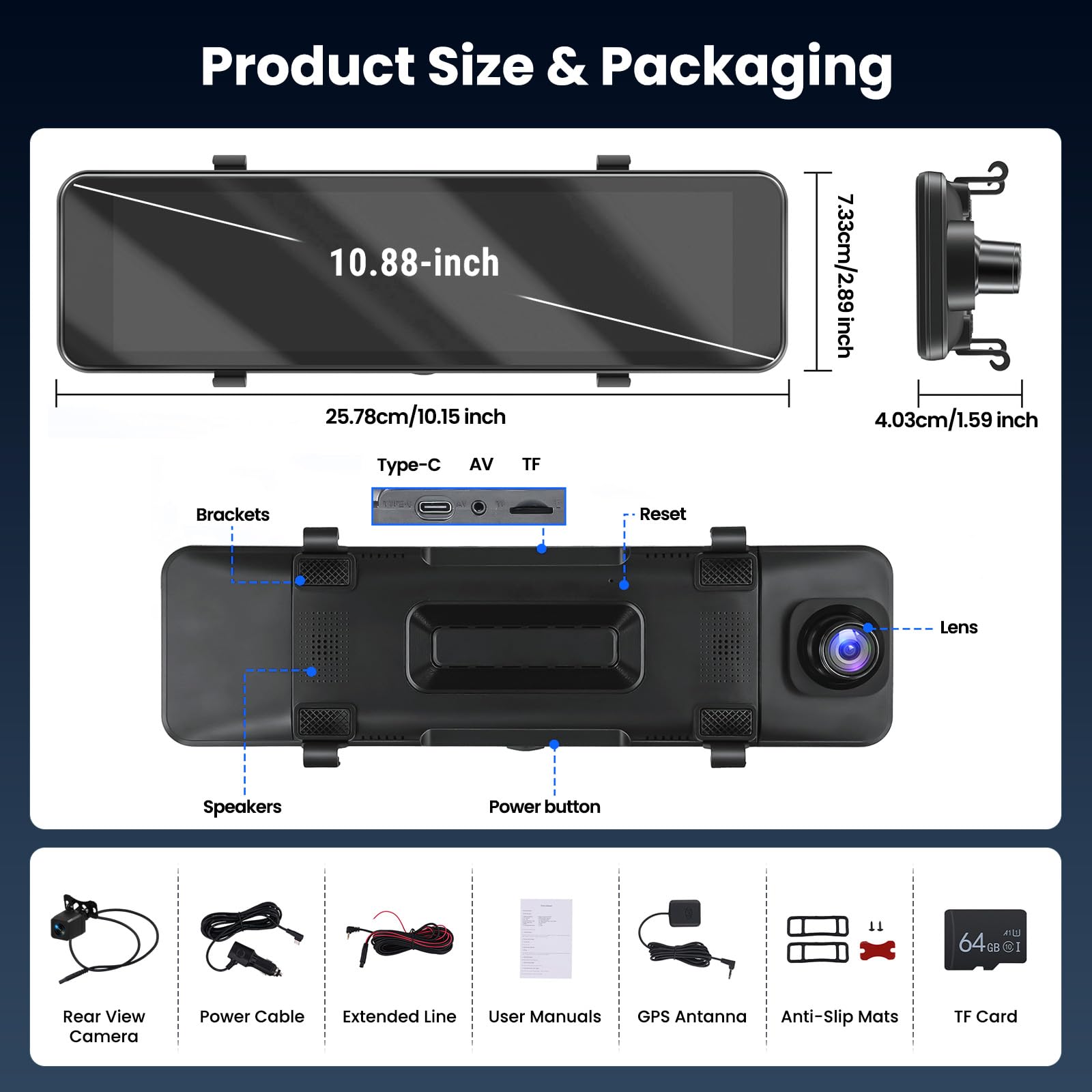 Hikity Espejo Retrovisor Inteligente 10,8" con Cámara Coche 4K Delantera + 1080P Trasera, Dash Cam WiFi, GPS, USB-C, Tarjeta de 64GB Incluida, Pantalla Táctil, Visión Nocturna, Monitor de Aparcamiento