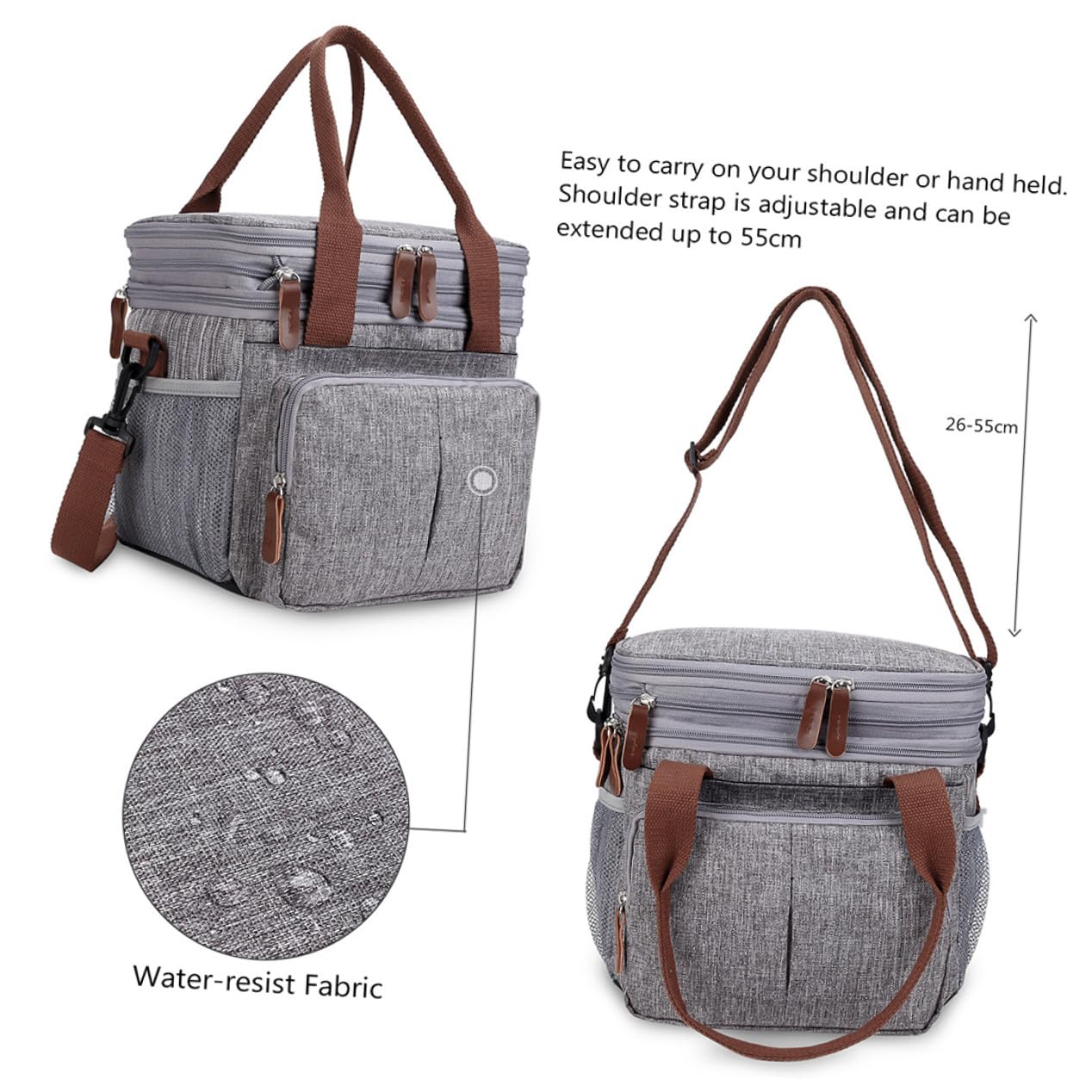 Bolsa Almuerzo Aislada Grande con Aislamiento Térmico para Picnic Oficina Escuela Portátil con Bolsillos Laterales de Malla Gris