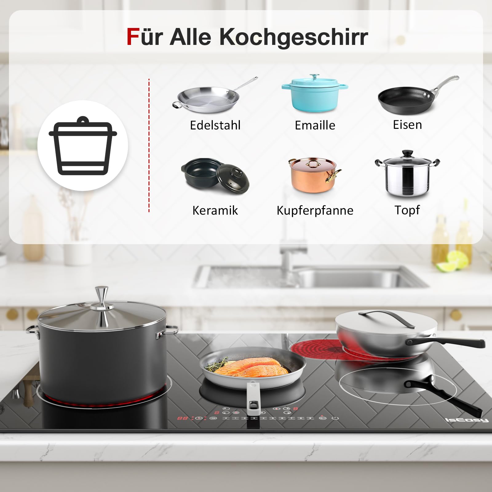 Glaskeramikkochfeld 5 Platten 77cm 8600W 5 Zonen IsEasy Einbau Kochfeld