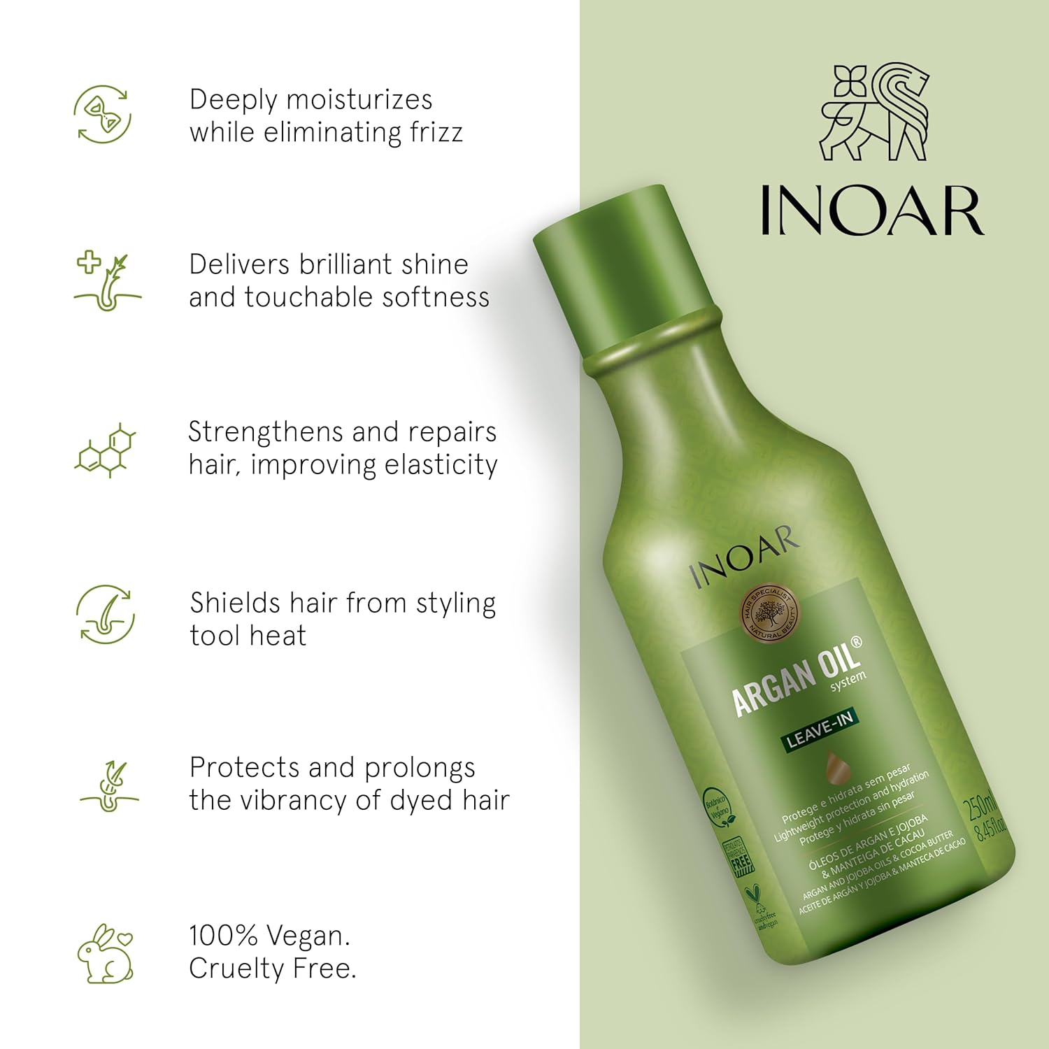 INOAR Argan Oil Leave-In Treatment for Conditioning Protection & Shine, 250ml