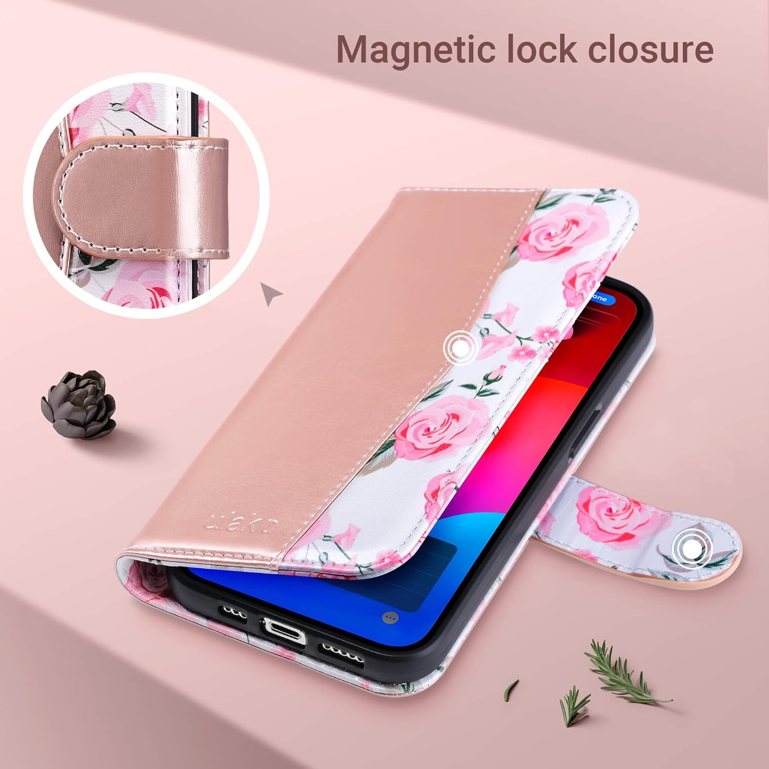 ULAK Compatible with iPhone 15 Pro Max Wallet Case for Women with Card Holder, Design Flower Flip PU Leather Kickstand Shockproof Protective Phone Cover for iPhone 15 Pro Max 6.7'' 2023, Rose Gold - Image 6