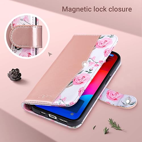 Miniatura 6 de ULAK Funda tipo cartera compatible con iPhone 15 Pro Max para mujer con tarjetero y diseño de flores, piel sintética, función atril, a prueba de