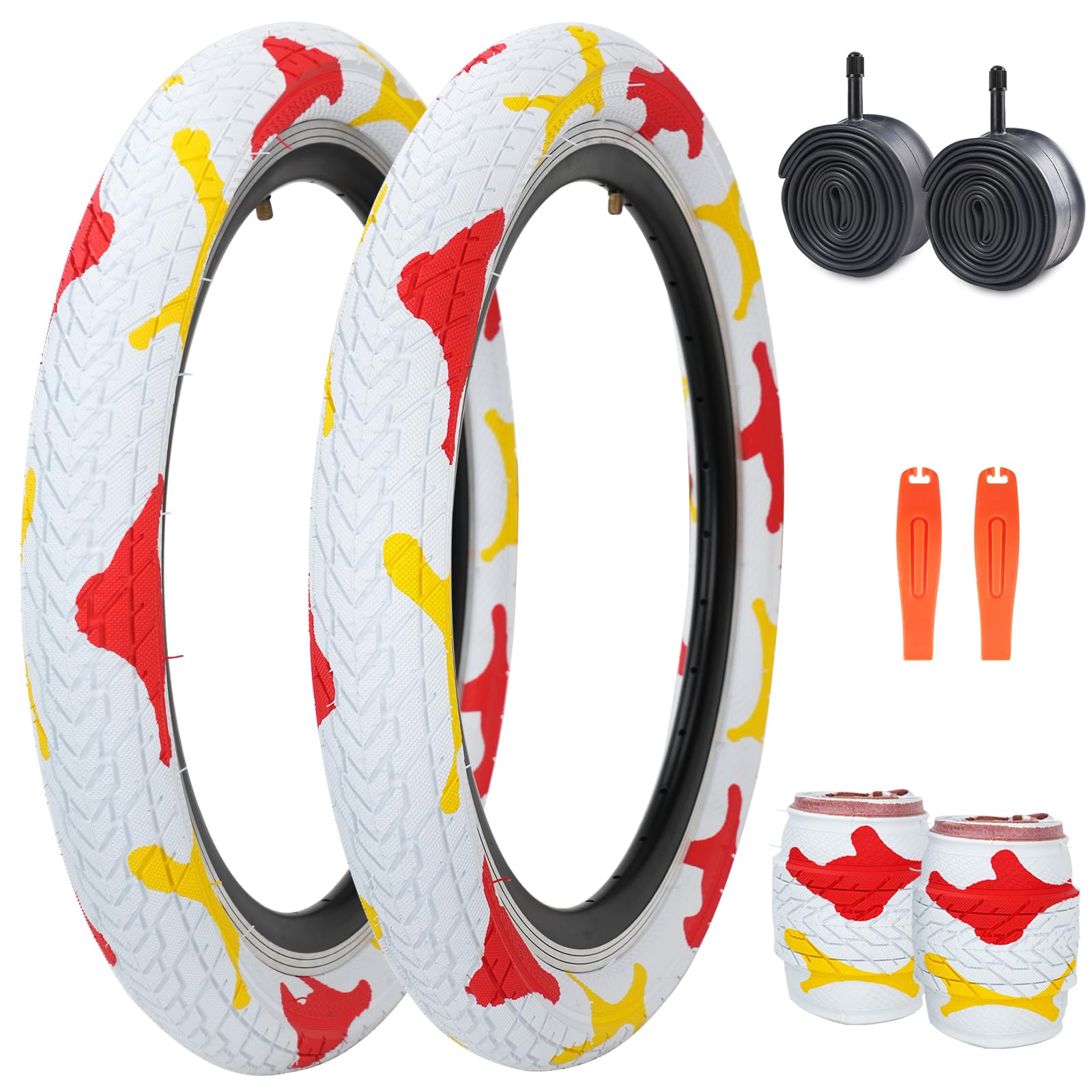 ZUKKA 20 x 2.35 Bike Tire 1/2 Pack 20 inch x 2.35 BMX Bike Tire Folding Replacement Tire for MTB Mountain Bike, BMX Bicycle Commuter Bike (White Yellow Camo, 2 Tires+2 Tubes+2 Levers)