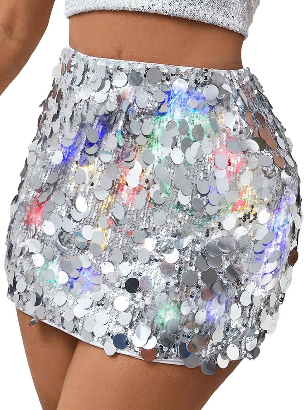 Flovel Falda de Danza del Vientre para Mujer, Faldas de Lentejuelas Brillantes, Falda Iluminada con Purpurina, Disfraz de Fiesta Rave