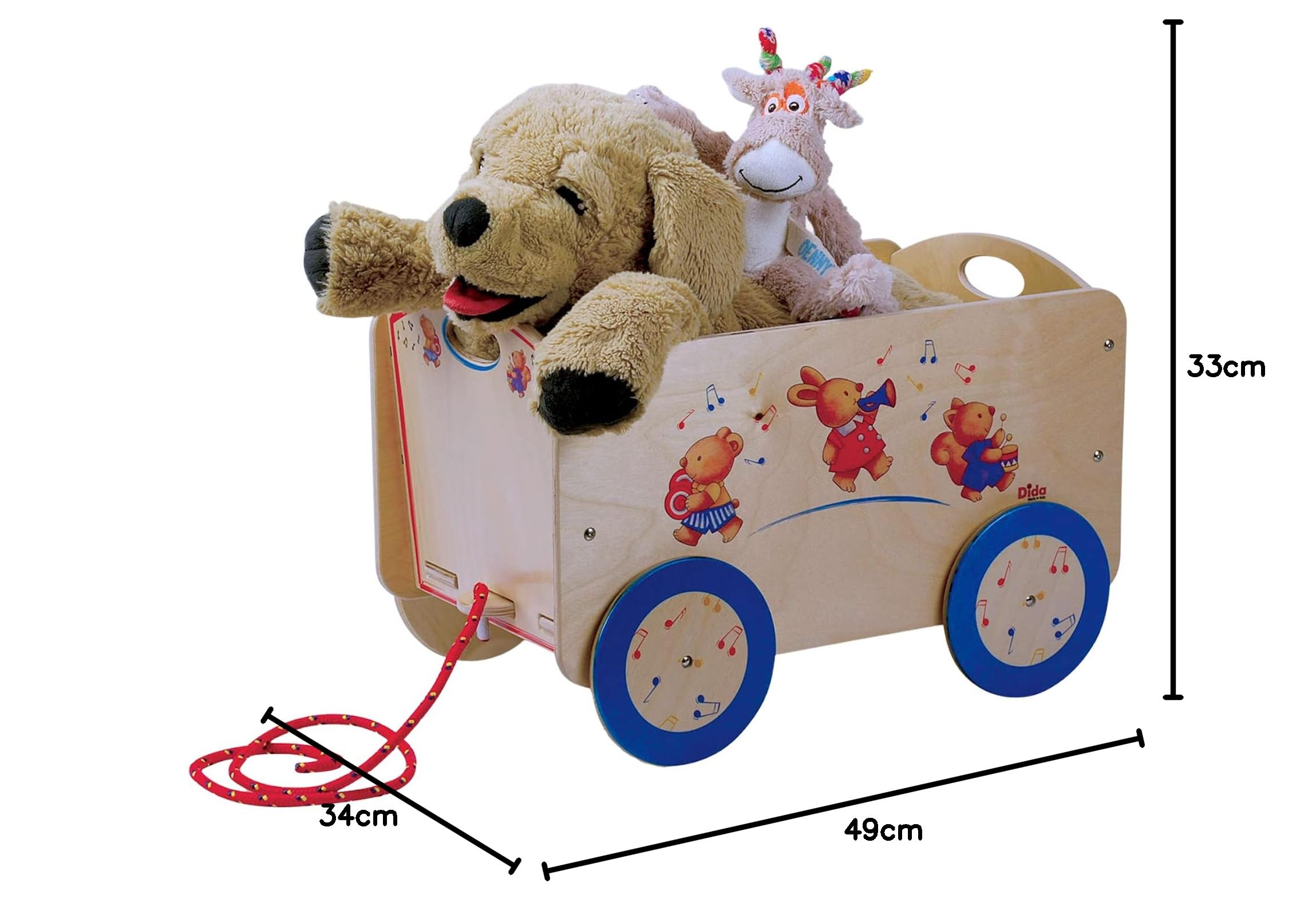Dida - I Musicanti: Carretto Trainabile in Legno per Bambini 2-4 Anni, Giochi Educativi Montessori con Ruote, Porta Giochi Divertente e Stimolante