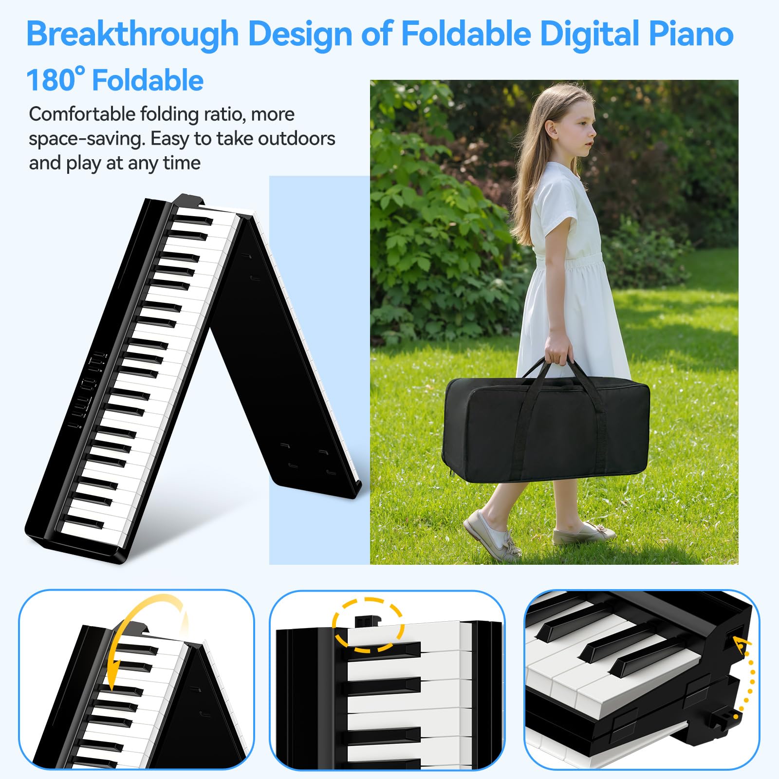 Piano Numérique Portable 88 Touches Pianos avec Z Support TERENCE Clavier de Piano Semi-lesté 88 Touches pour Débutants et Experts, Fonction d'enregistrement audio intégrée Interface Bluetooth MIDI