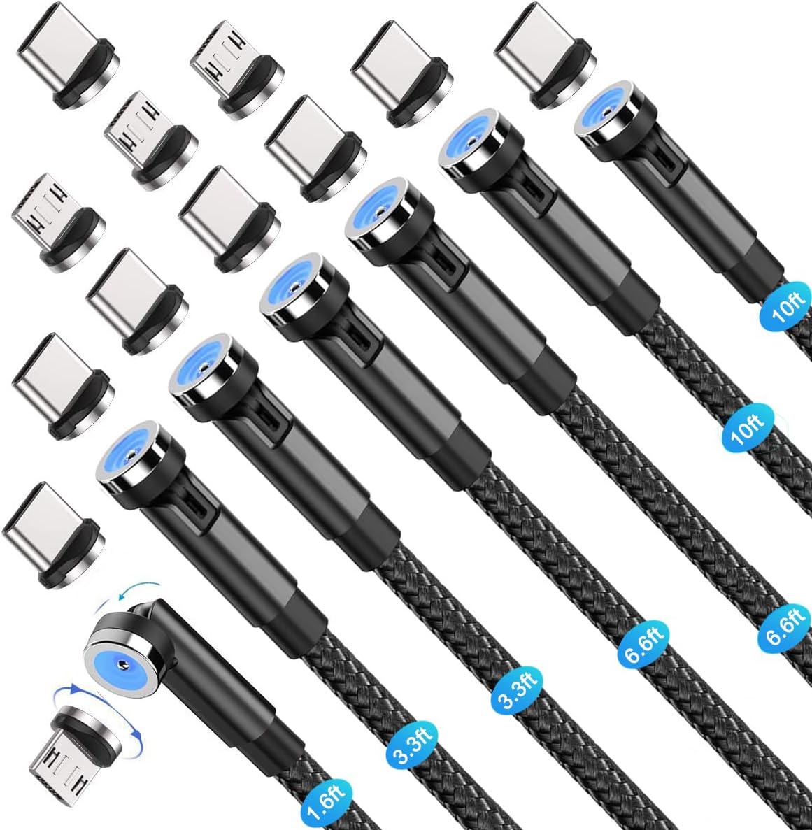 540° Rotation 3 in 1 Magnetic Charging Cable (7-Pack, 1.6ft/3.3ft/6.6ft/6.6ft/10ft/10ft, Magnet Phone Charger Compatible with Micro USB, Type C Device, black, (NEW-7PACK)