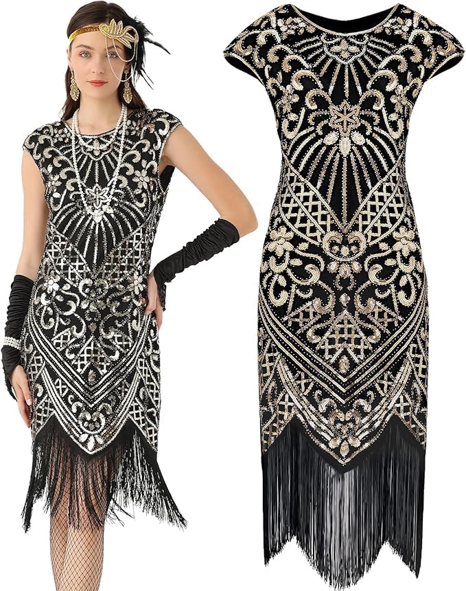 Image of 868A - Plus Size 1920s Vintage Fringed Gatsby Sequin Cold Shoulder Tassels Flapper Party Cocktail Dress with Accessories