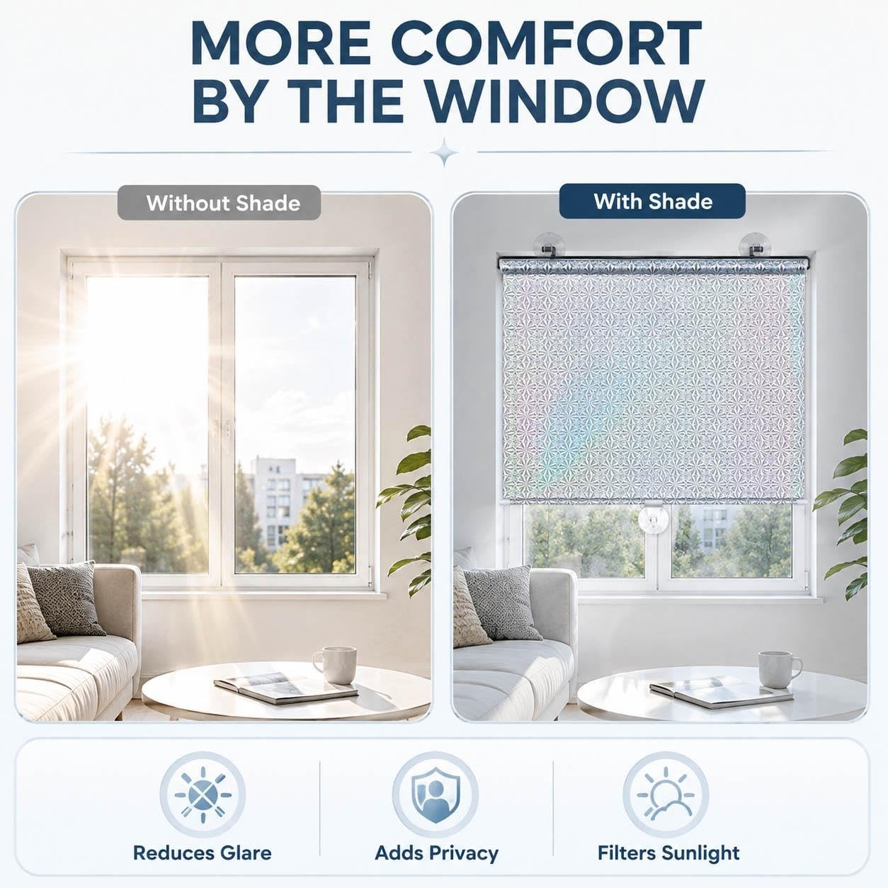 Tende a Rullo con Ventose per Finestre, Parasole Argentato Iridescente Retrattile Senza Forare, Schermo Privacy Rimovibile per Camera Ufficio Camper Auto Porta in Vetro(W 70 x 140 cm)