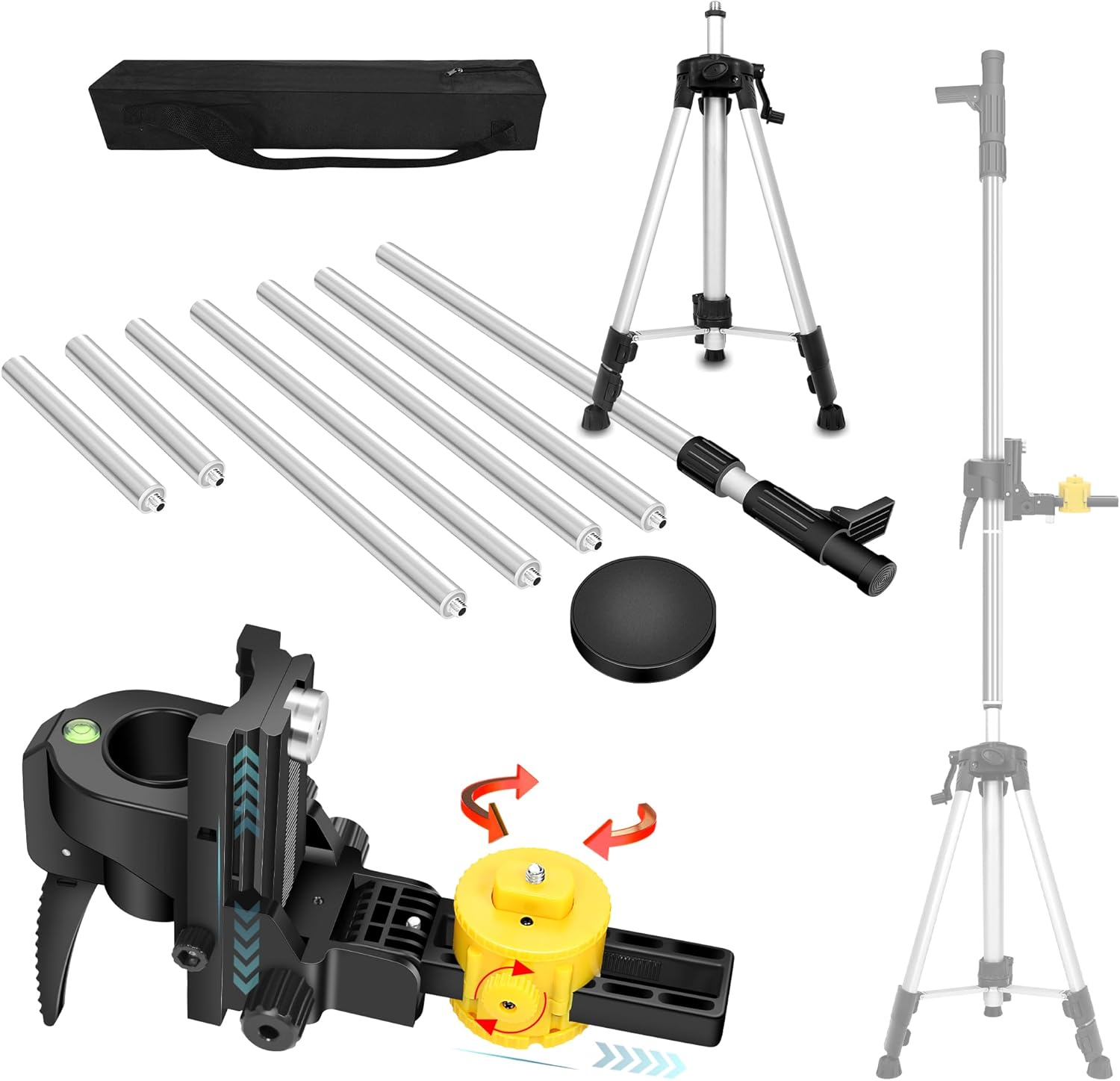 4.2m/13.77ft Multi-Function Laser Level Pole with 3.93ft tripod, 1/4" & 5/8" Threads - Upgraded Universal Mount for 360° Rotation & Front-Back Adjustment