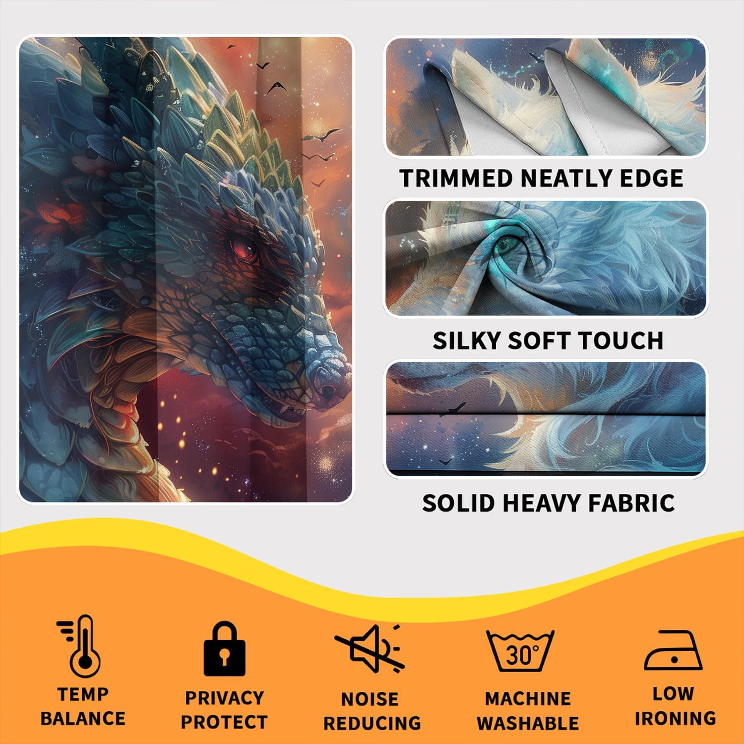 Dragon Wolf Blackout Curtains for Boys Girl Bedroom Decor, 55" W x 63" L, Galaxy Medieval Fantasy Animal Dragons Rod Pocket Thermal Insulated Darkening Window Drapes for Bedroom Living Room