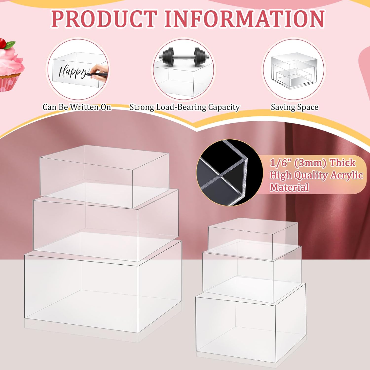 Buffet Risers, 6Pcs Risers Display Stand for Buffet Table Display Acrylic Dessert Risers Box, Acrylic Cube Display Stands for Party, Wedding and Event Decor, Clear, Large Sizes: 6''7''8" 9" 10" 11''