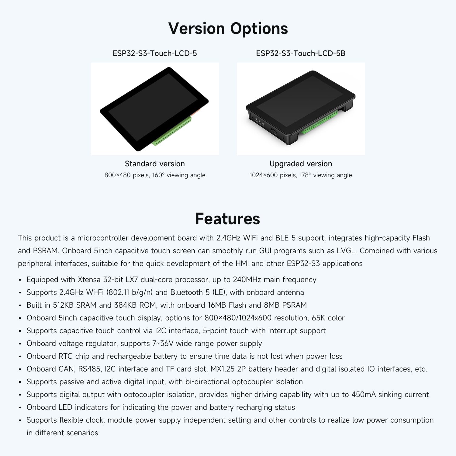 Waveshare ESP32-S3 5 Inch Capacitive Touch Display + Development Board, 1024 x 600, 178° Viewing Angle, 5-Point Touch, 32-bit LX7 Dual-Core Processor, Up to 240MHz Frequency, Support WiFi, Onboard