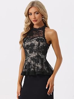 Allegra K Peplum Lace Tops for Women's Ruffled Sheer Cocktail