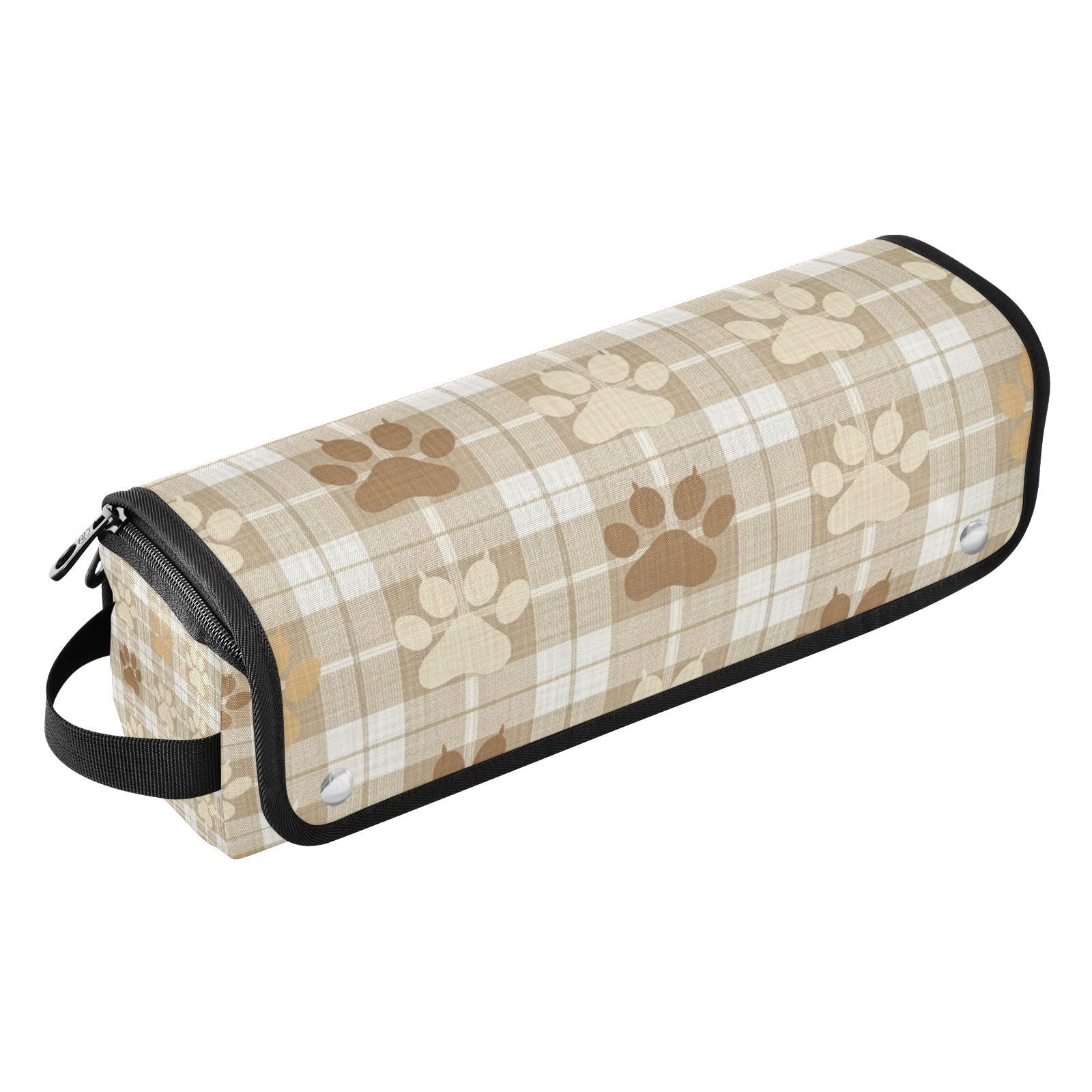Dog Paws Plaid Beige Hair Tools Travel Bag Portable Hair Accessory Organizer with Heat Resistant Mat 2 in