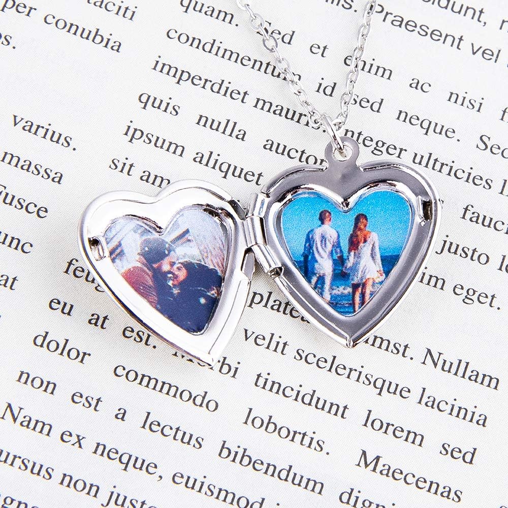 Fanery Sue Personalized Engraved Text&Photo Locket That Holds 2 Picture Inside Heart-Shape Women Necklace Floating Memorial Small Pendants