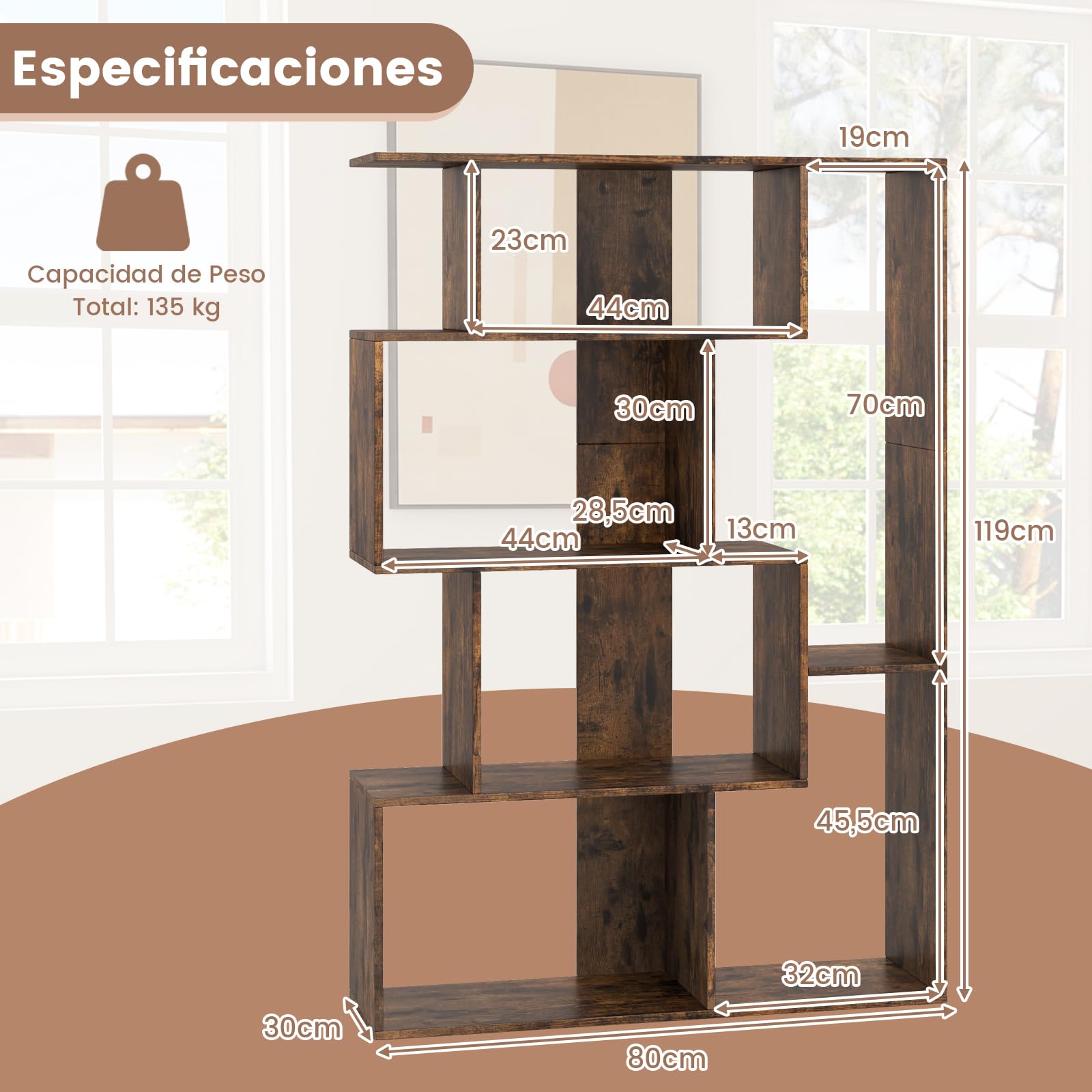 COSTWAY Librería Geométrica de 6 Cubos, Estanteria Libros Abierta, Separador de Espacios, Biblioteca Dormitorio Estudio Salon, 80 x 30 x 119cm (café)