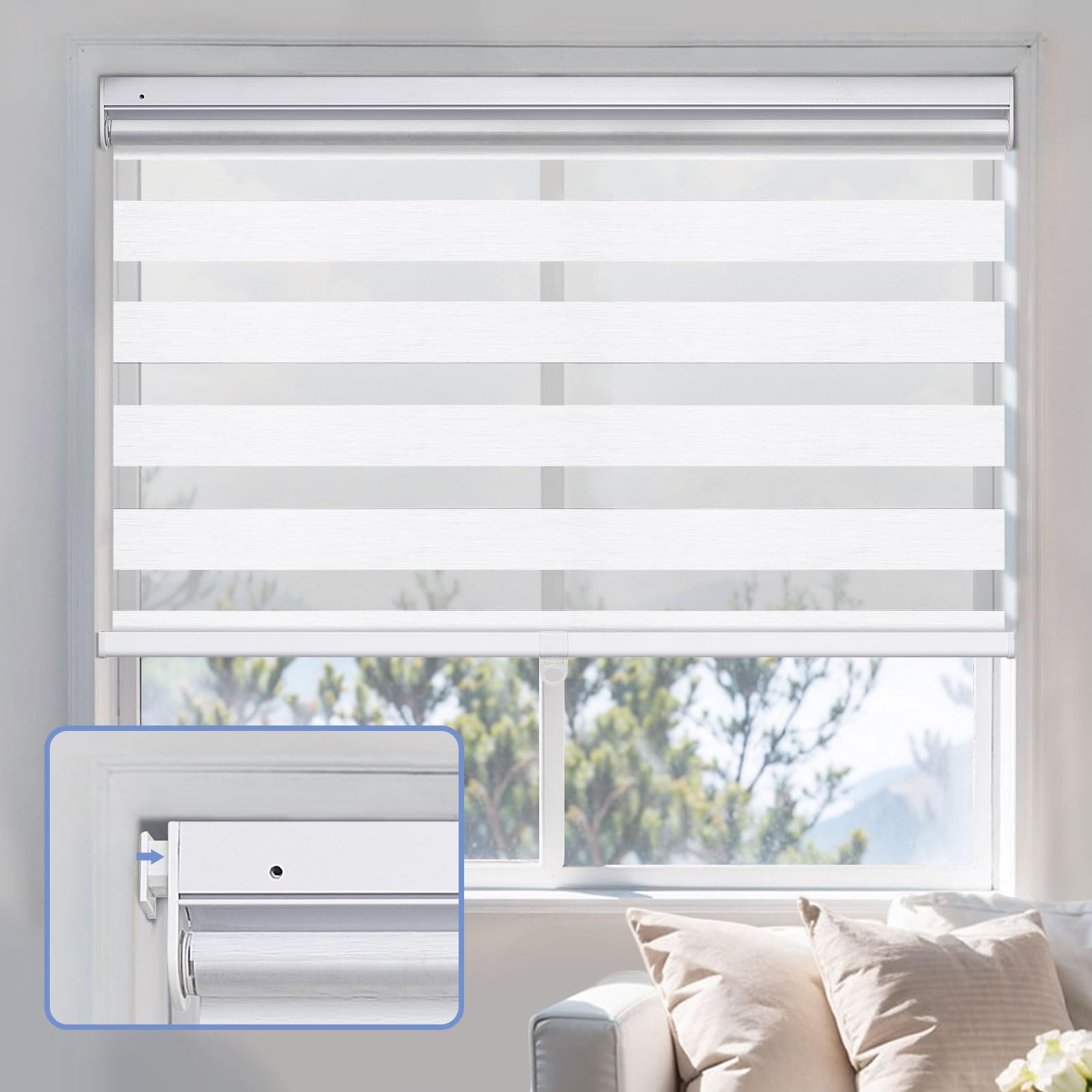 UrMoon No Drill Zebra Blinds No Tools Zebra Shades Cordless Roller Shades for Windows Dual Layer Roller Blinds Room Darkening Custom Size for Indoor, 80% Blackout Silvery White, 34