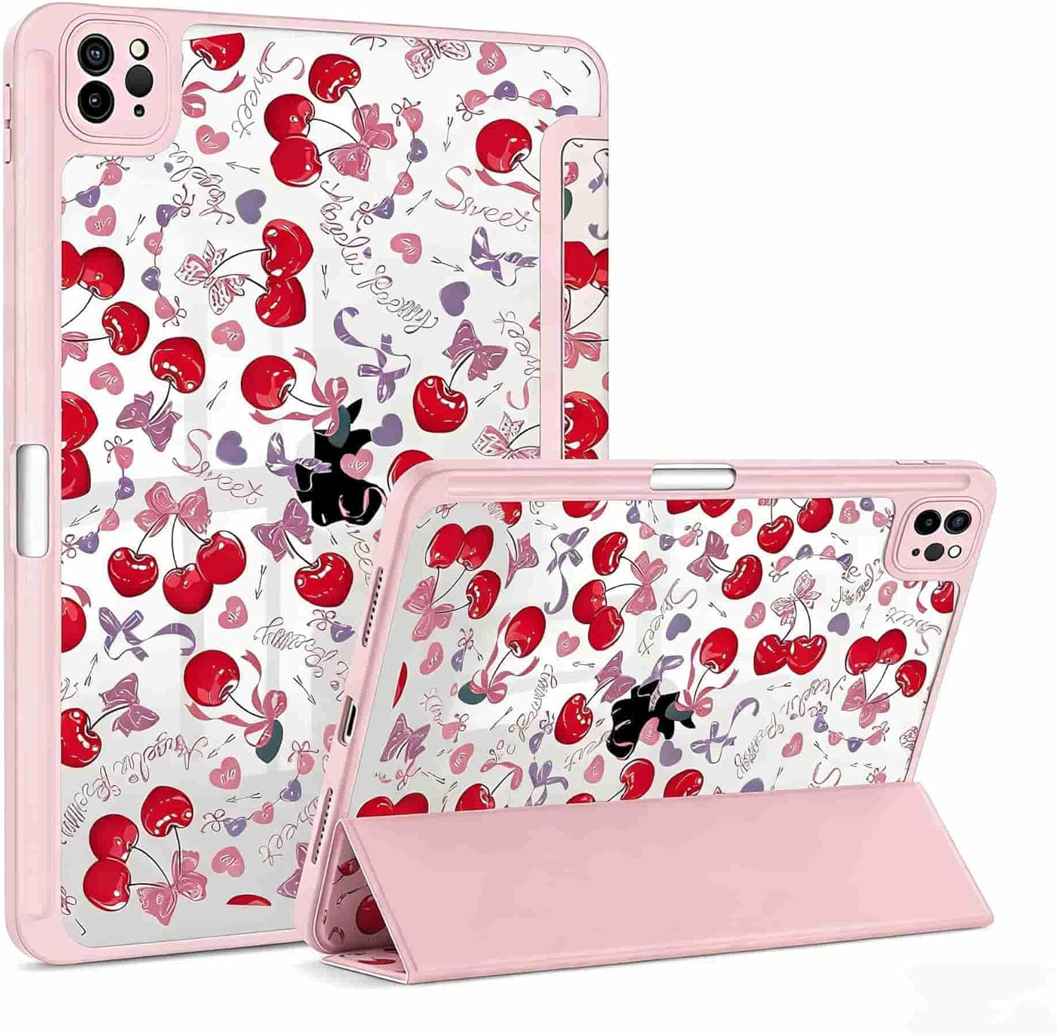 iPad Clear Case for iPad Pro Generation 11Inch 2018/2020/2021/2022 /for iPad Air 4/5/6/7 10.9 Inch with Pencil Holder-[Auto Wake/Sleep], Trifold Stand Soft TPU Protective Cover, Cherry Bows