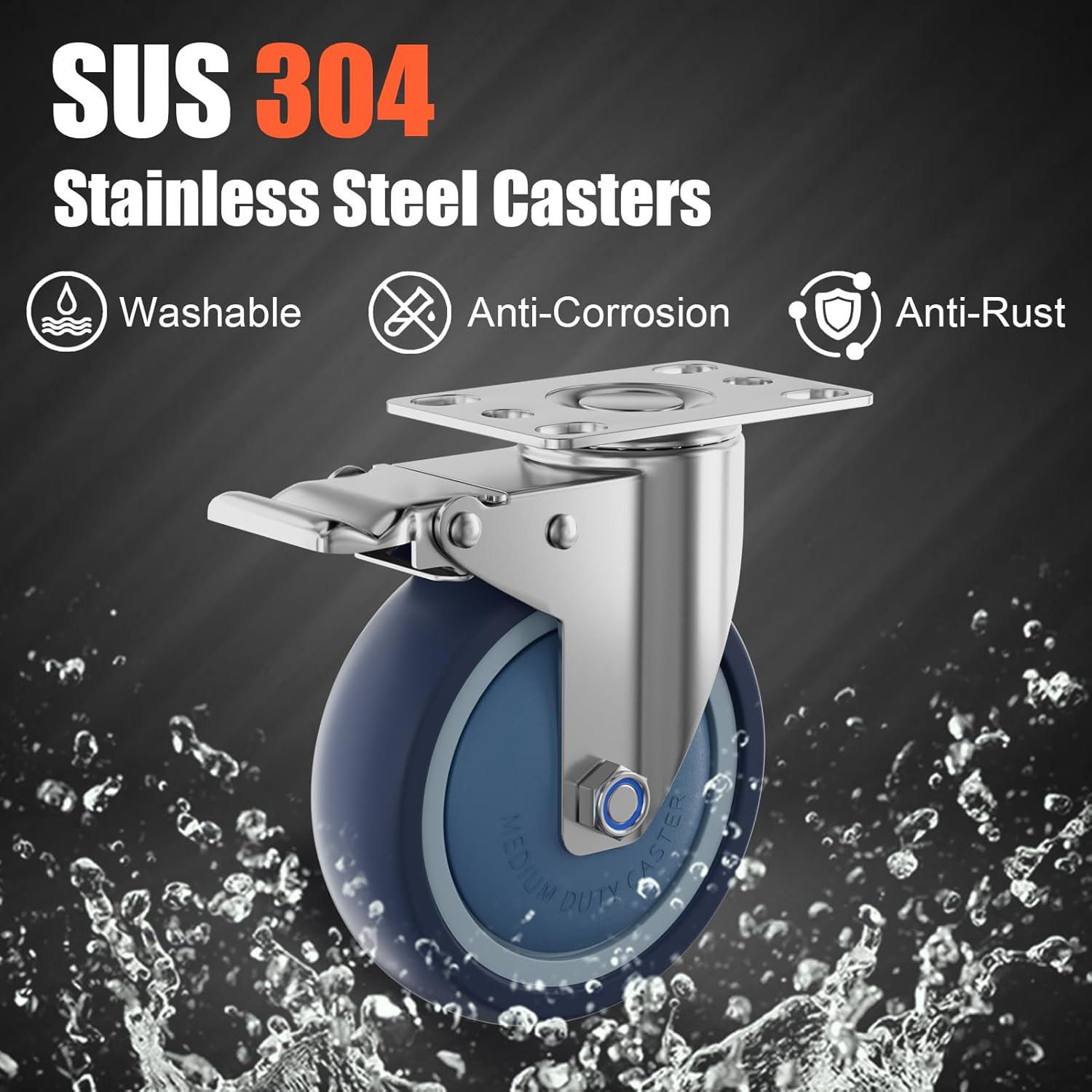 5" Inch Stainless Steel Caster Wheels Maintenance-Free SUS 304 Washable Heavy Duty Casters Total Lock Brake Anti-Corrosion Waterproof Caster Wheels for Restaurants, Labs, Hospitals-2 Packs