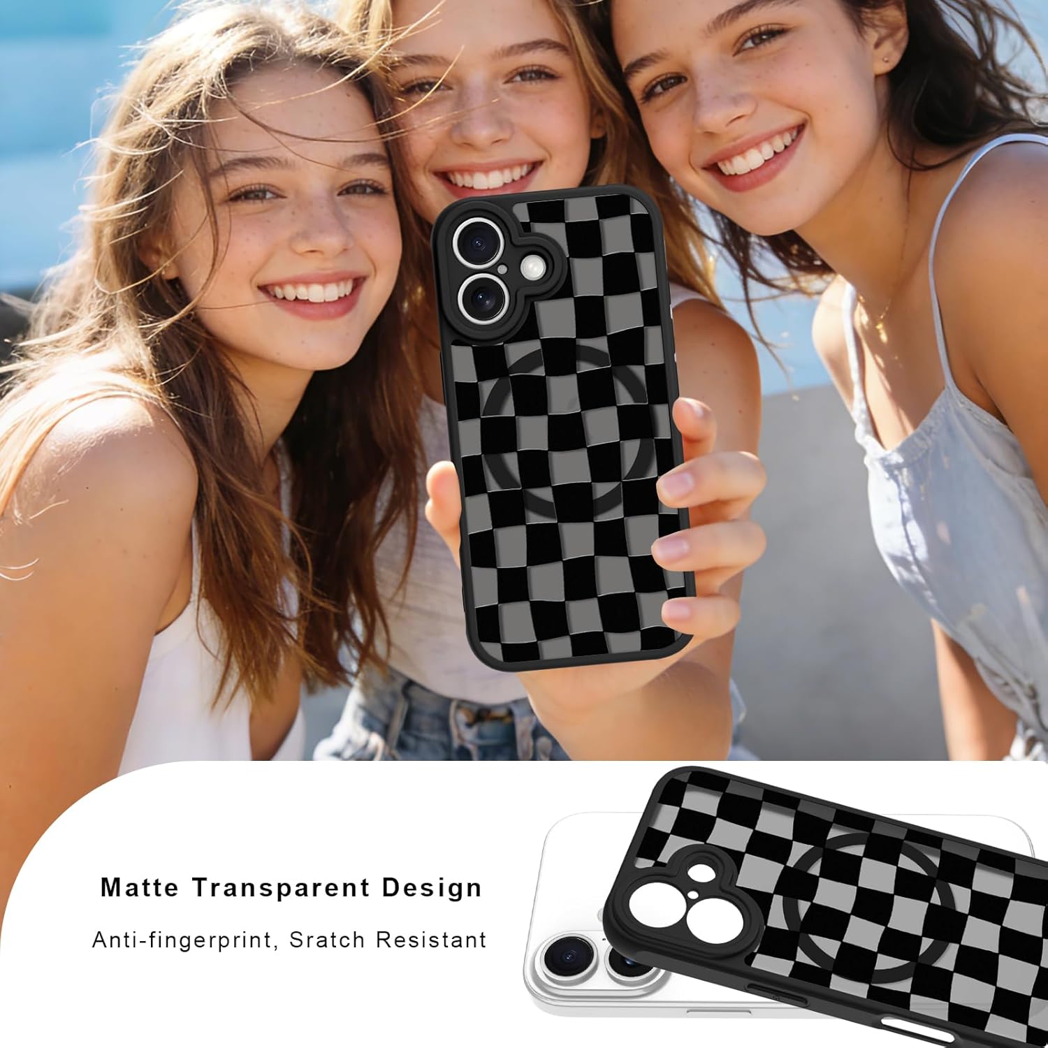 Magnetic for iPhone 17 Case Cute Checkered Checkerboard Phone Case for Women Men Compatible with MagSafe, Slim Matte Shockproof Protective Cover for iPhone 17 6.3", Black Checkered