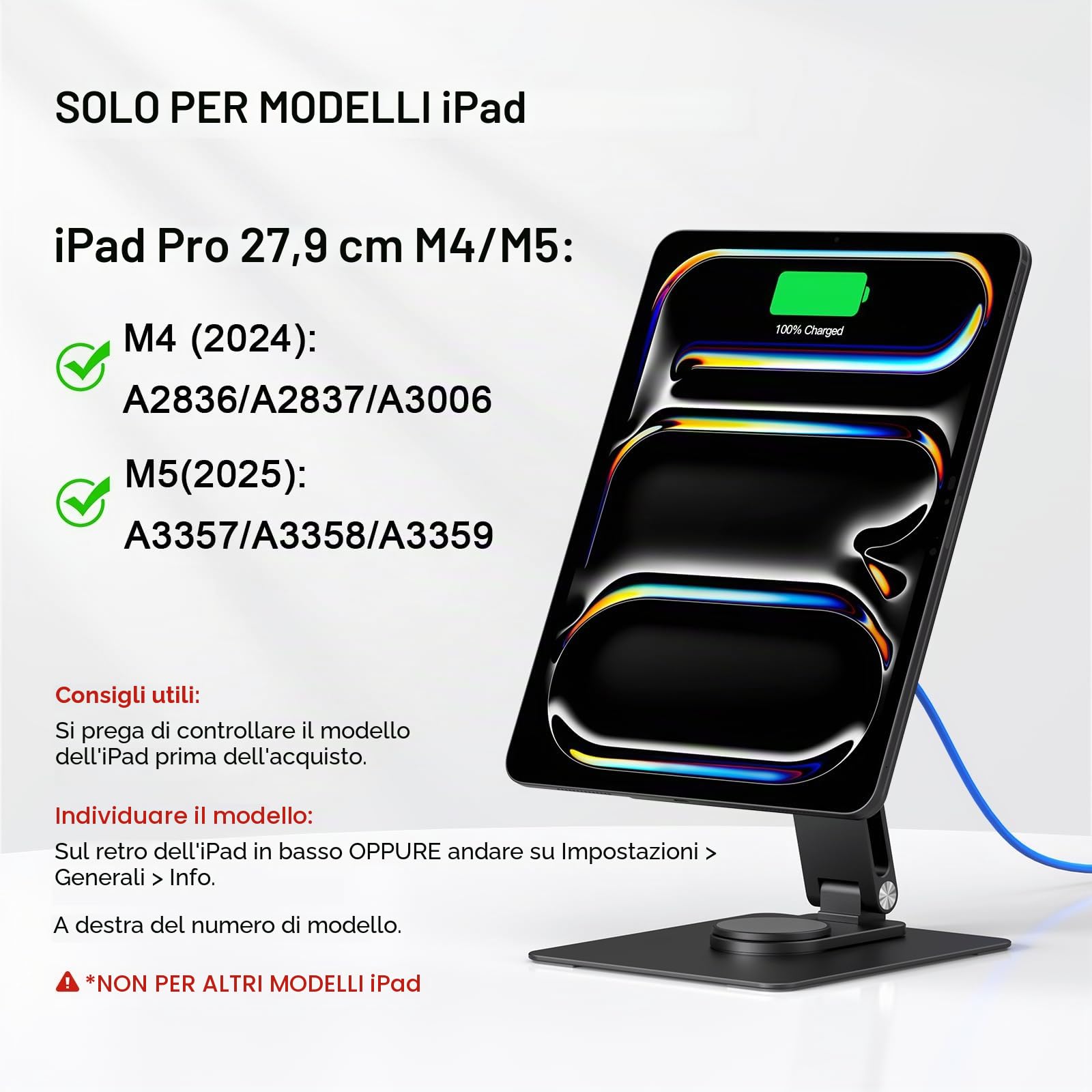 Supporto magnetico per iPad con carica senza fili 18W, 360 portacarte rotante in alluminio per iPad Pro M5/M4, serie regolabile di montaggio da tavolo (M5/M4-11inch)