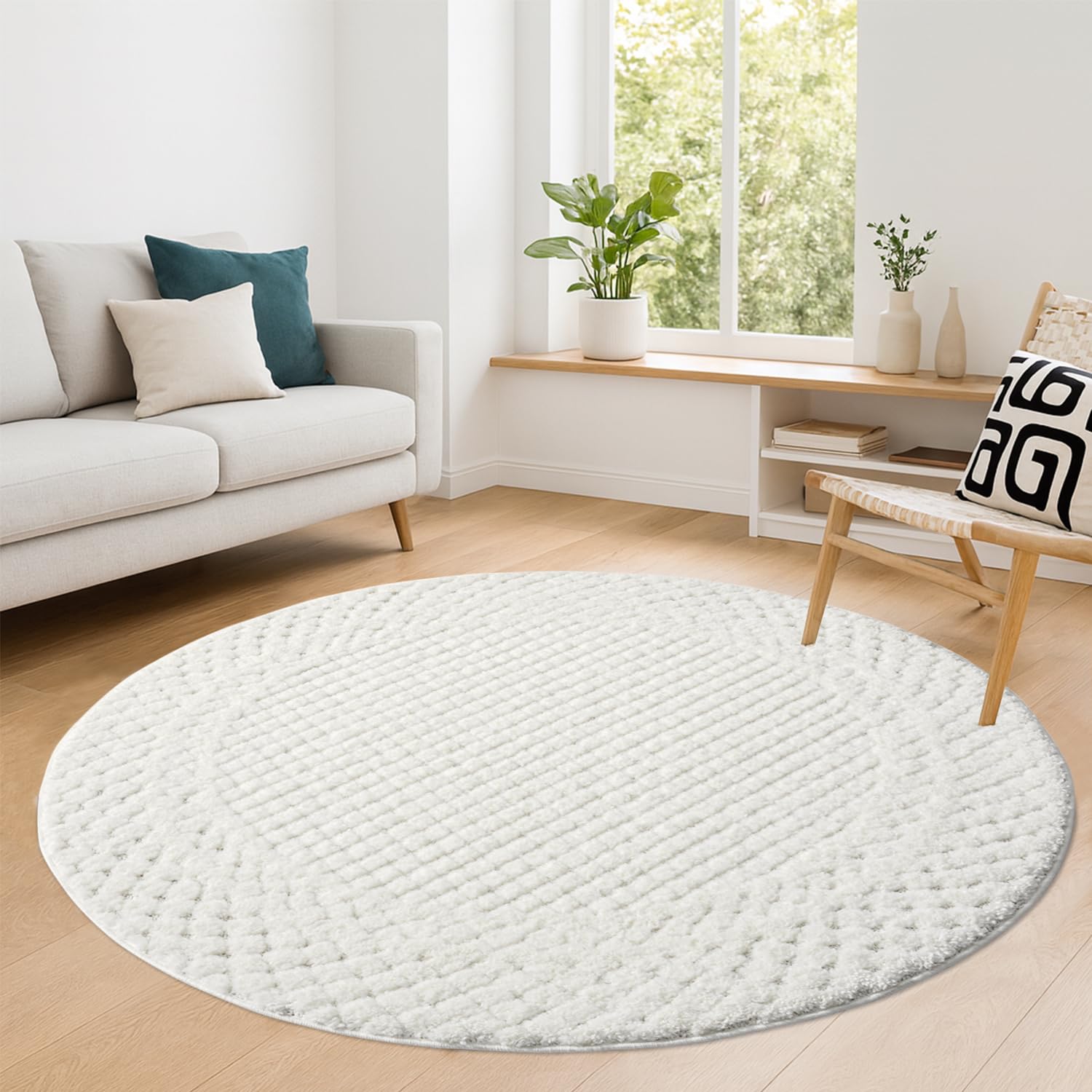 payé Tapis rond, 160 x 160 cm, à poils longs, bohème, crème pastel, uni, motif moderne en losanges, scandinave, moelleux, doux, décoration de chambre à coucher