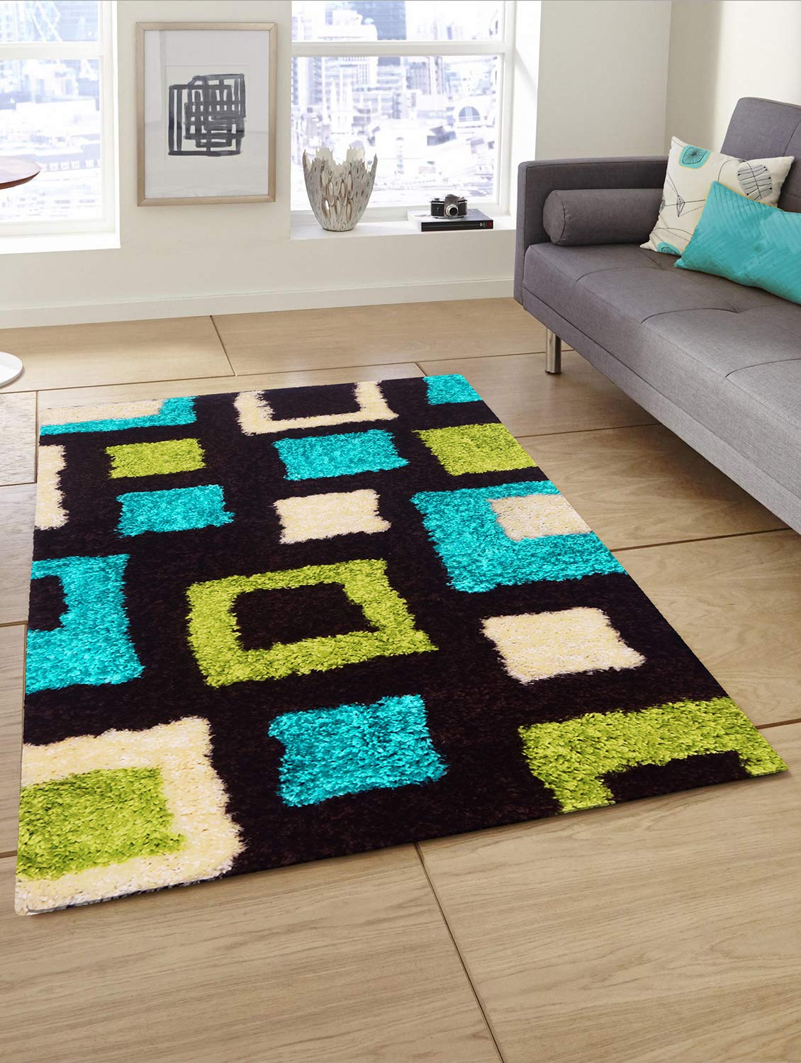 Story@Home Modern Anti Skid Geometric Square Pattern Premium Polyester Thick Soft Shaggy Area Rug Long Lasting Carpet for Bedroom, Living Room, Hall - 3 X 5 FT, Multi