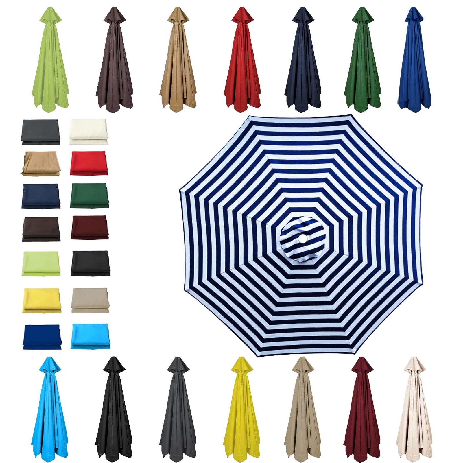 HonunGron 6 Ribs/8 Ribs Replacement Parasol Cover, 3.0m/2.7m/2.5m/2.3m/2m Umbrella Canopy Replacement, Sun Umbrella Replacement Cloth, UV 50+ Garden Parasol Canopy Cover (8 ribs-3m(9.8ft),Blue White)